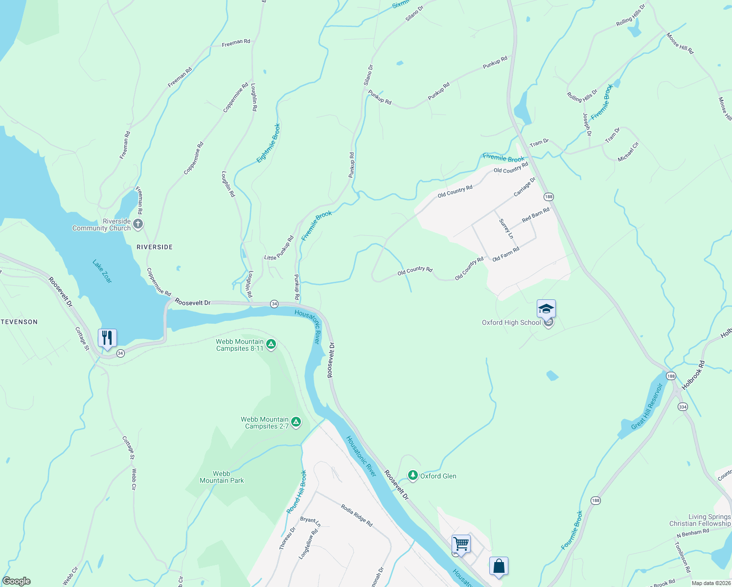 map of restaurants, bars, coffee shops, grocery stores, and more near 46 Old Country Road in Oxford