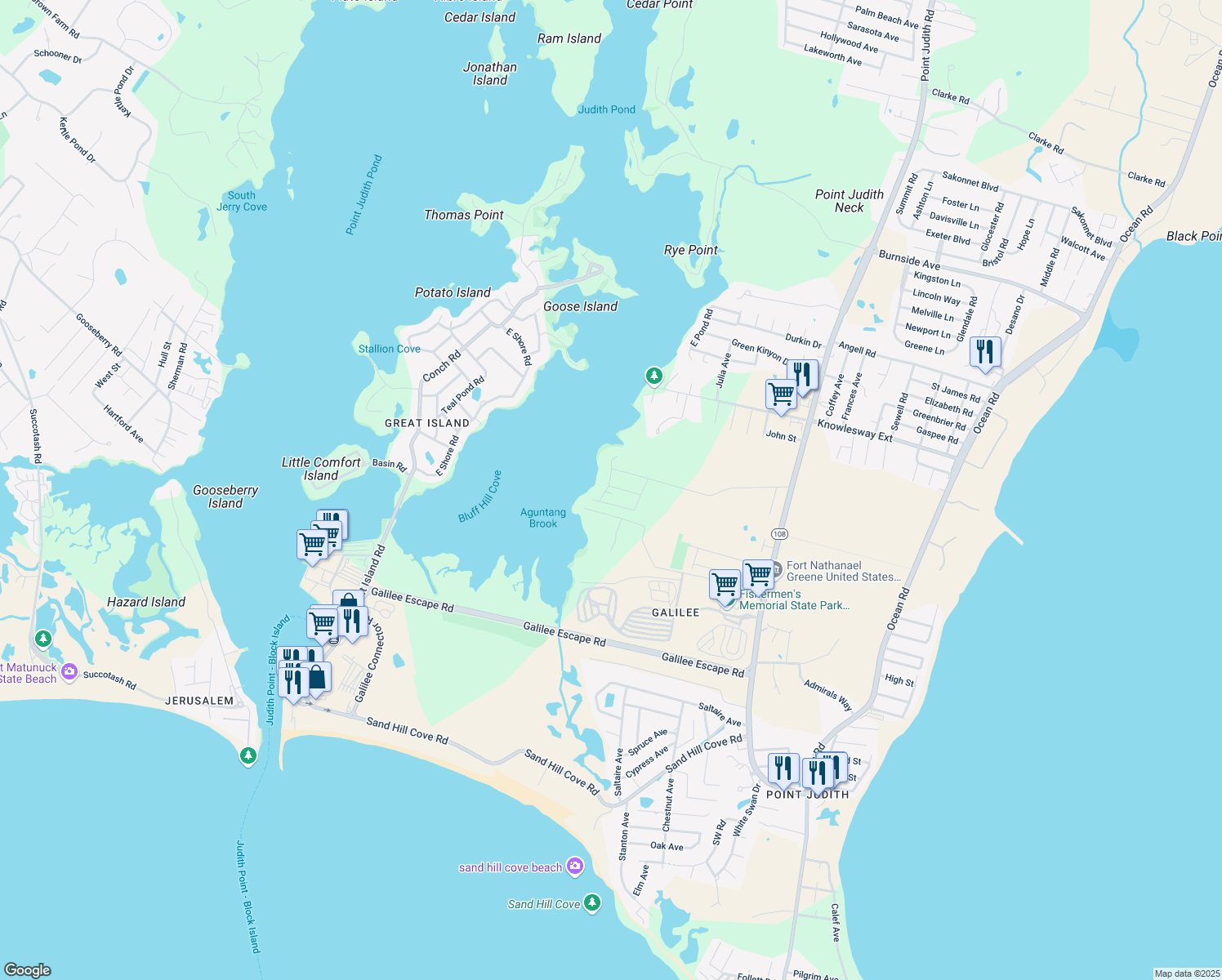 map of restaurants, bars, coffee shops, grocery stores, and more near 44 Sunset Shore Dr in Narragansett