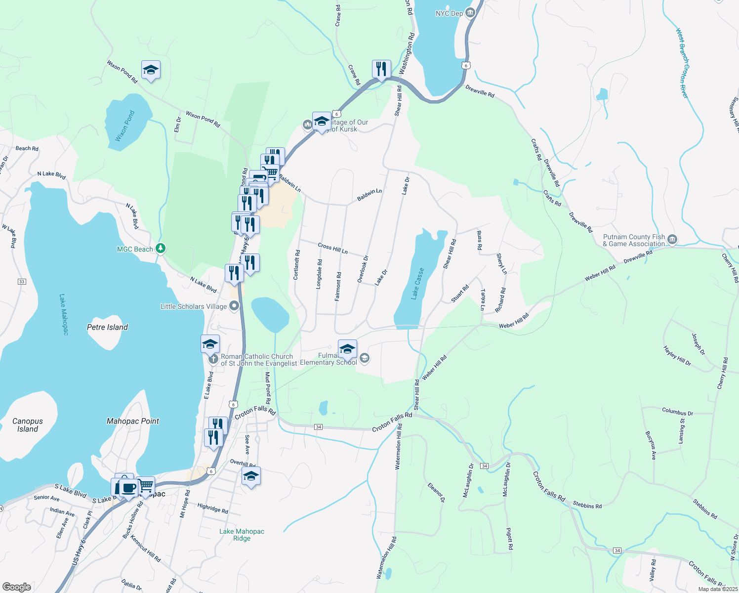map of restaurants, bars, coffee shops, grocery stores, and more near 83 Lake Dr in Mahopac