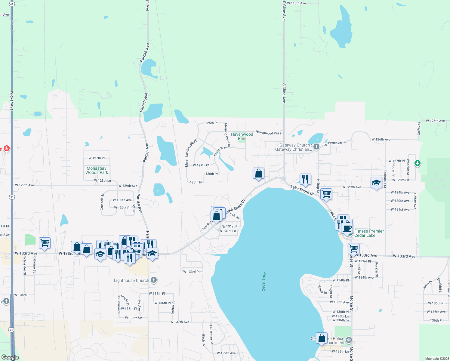 map of restaurants, bars, coffee shops, grocery stores, and more near 12812 Fawn Ct in Cedar Lake