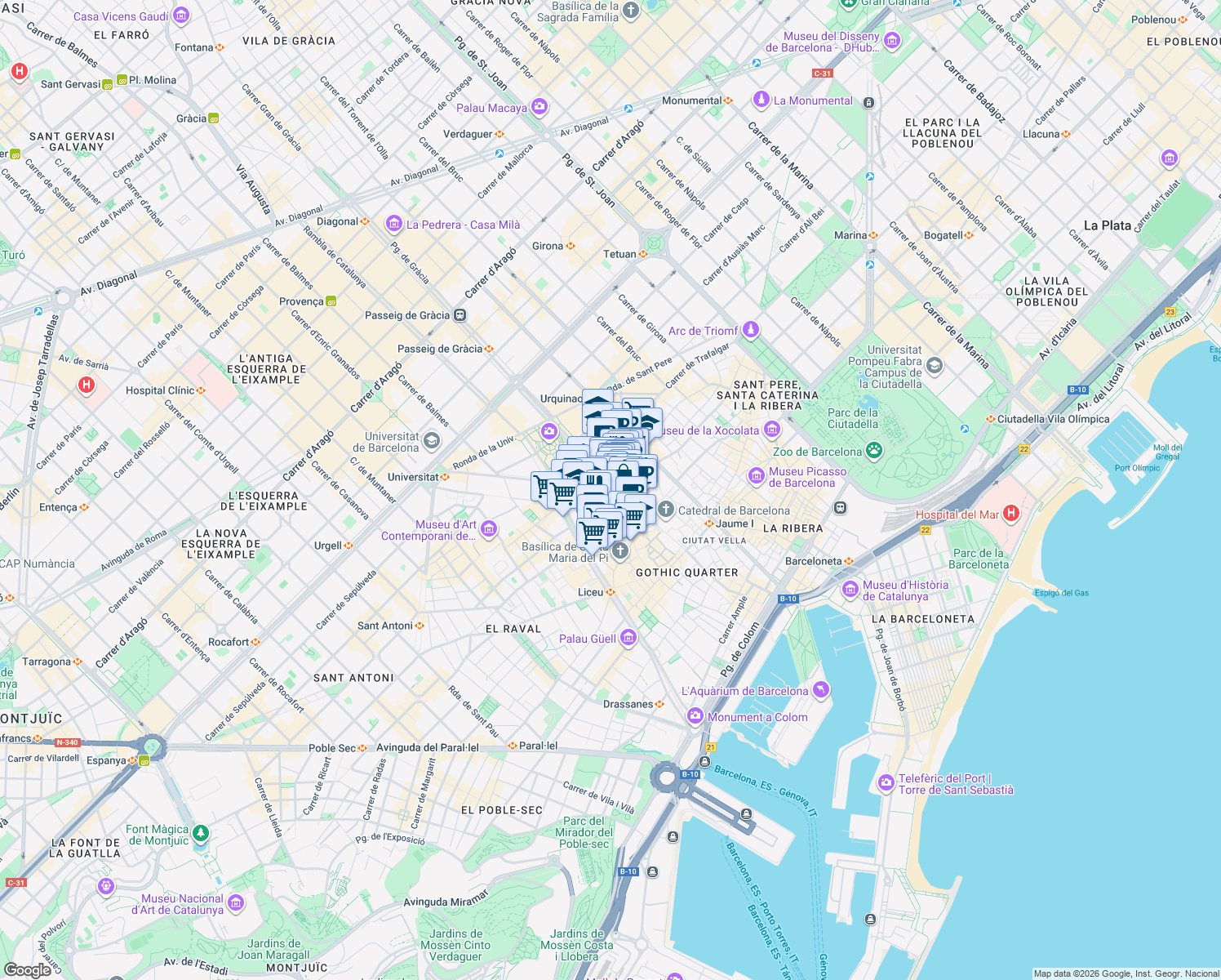 map of restaurants, bars, coffee shops, grocery stores, and more near 11 Avinguda del Portal de l'Àngel in Barcelona