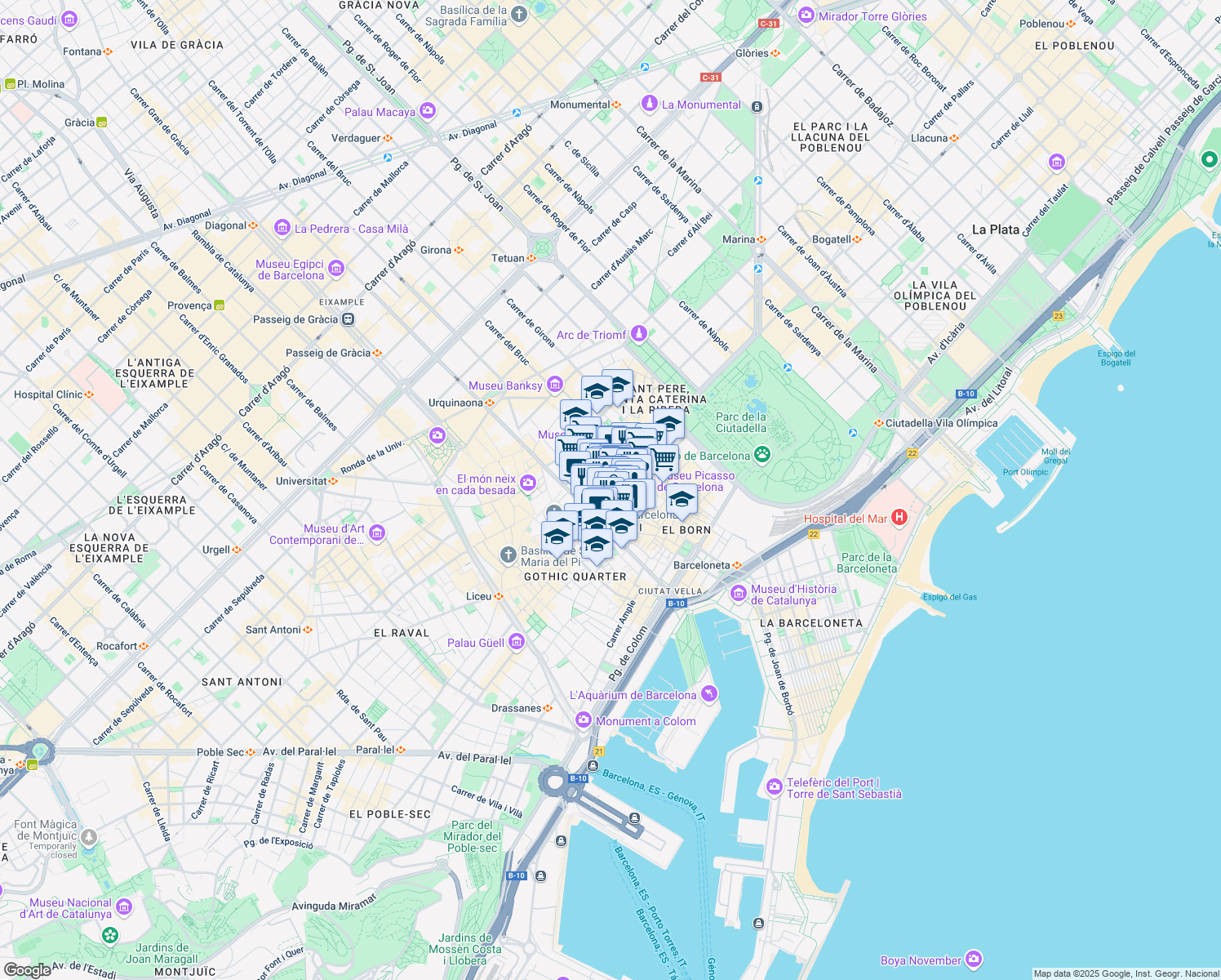 map of restaurants, bars, coffee shops, grocery stores, and more near Carrer de les Semoleres in Barcelona