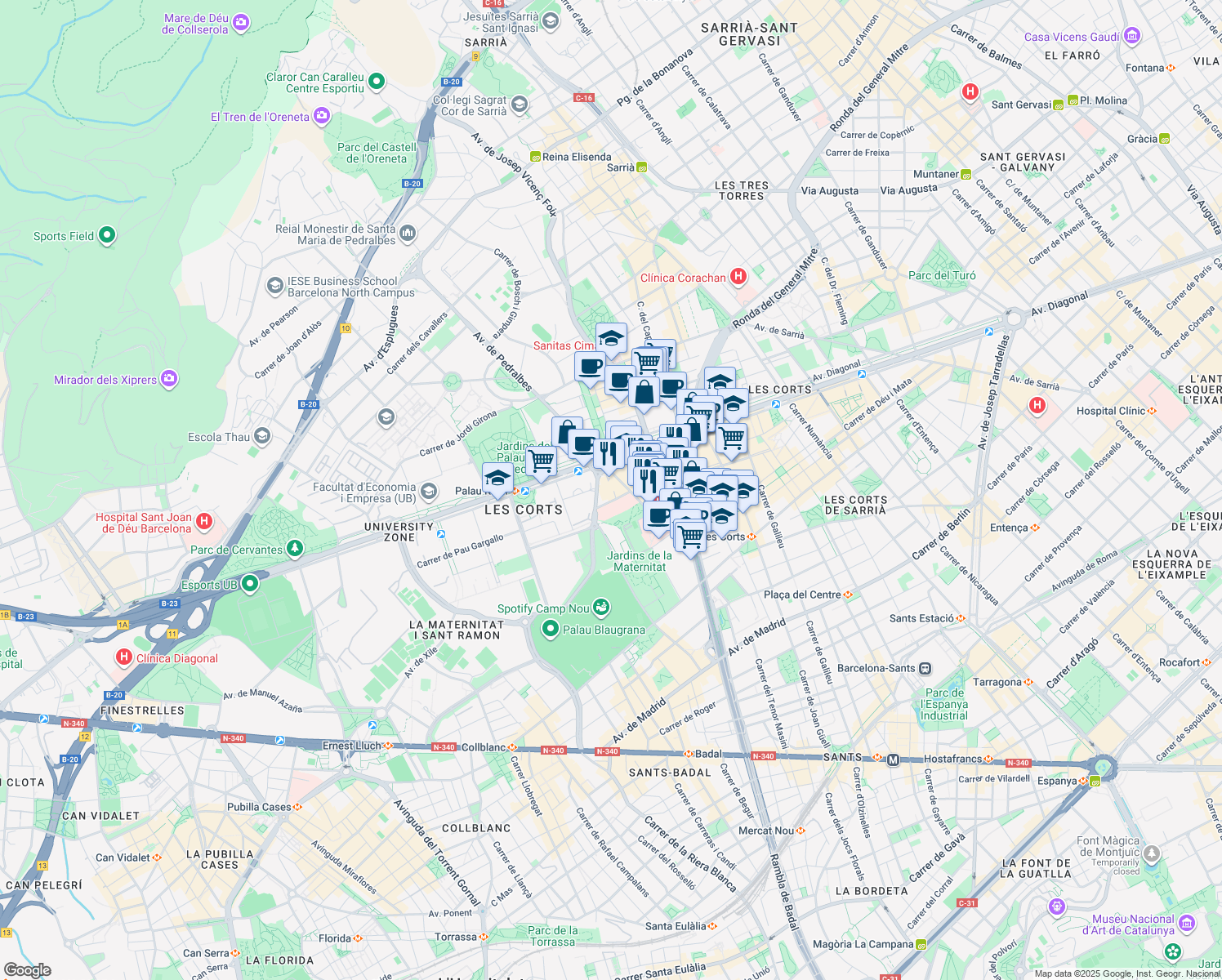 map of restaurants, bars, coffee shops, grocery stores, and more near 4 Plaça Pius XII in Barcelona