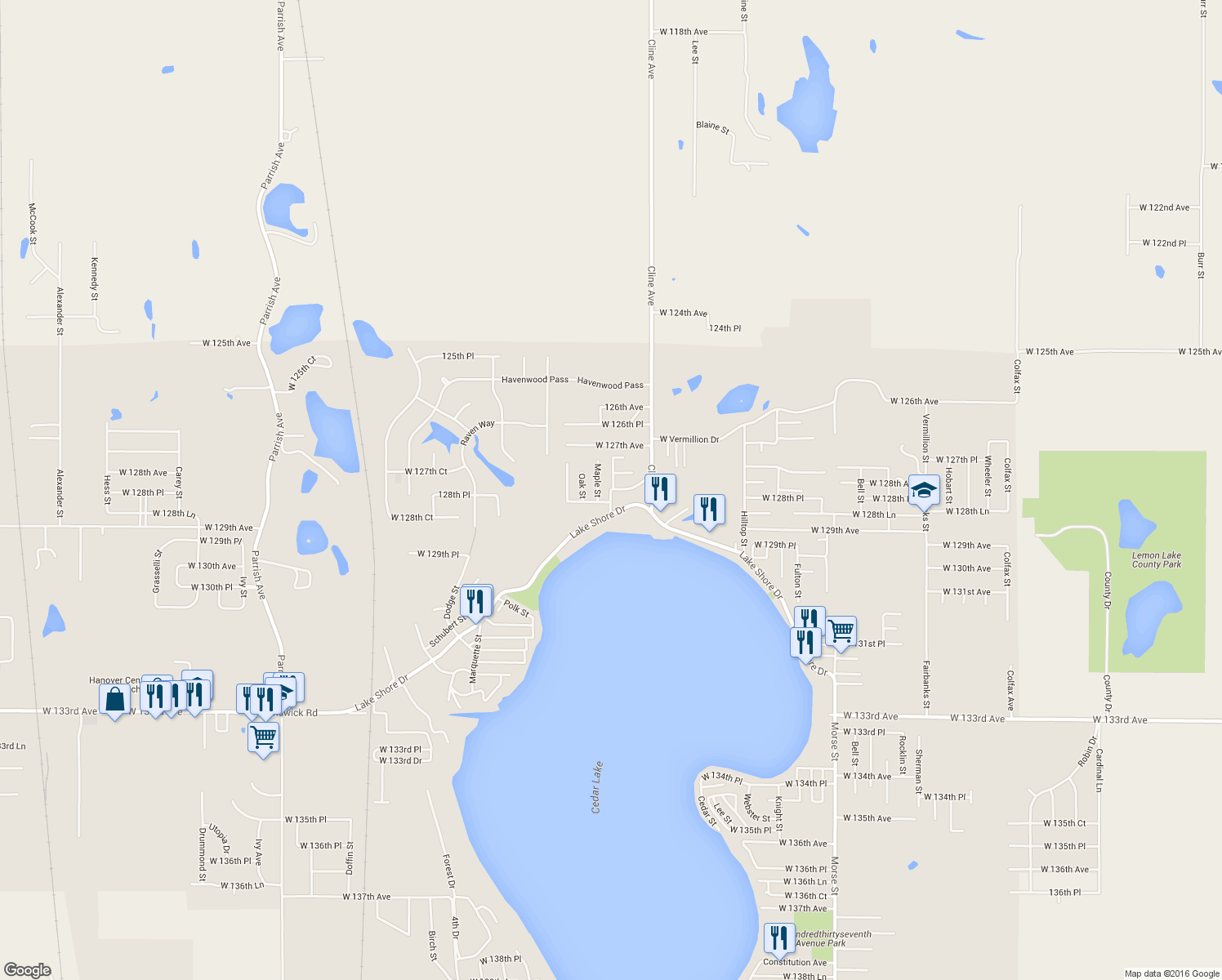 map of restaurants, bars, coffee shops, grocery stores, and more near 10131 W 128th Ave in Cedar Lake