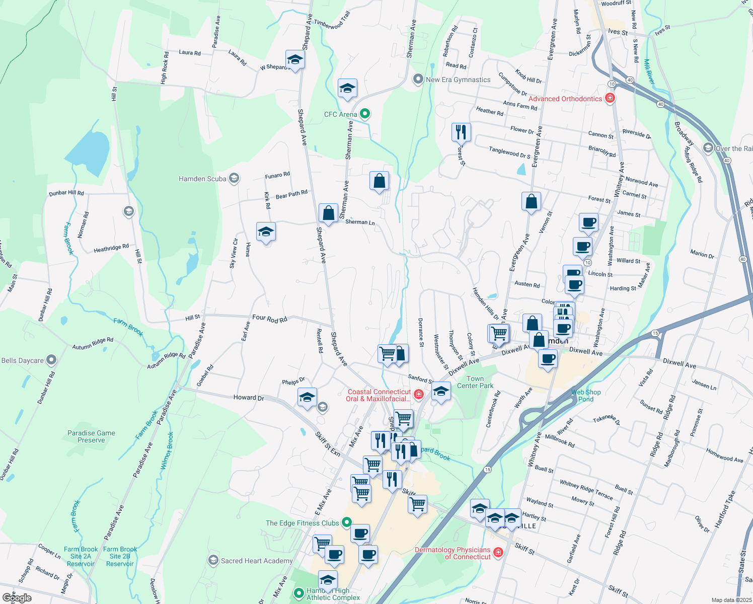 map of restaurants, bars, coffee shops, grocery stores, and more near 28 Stowe Court in Hamden