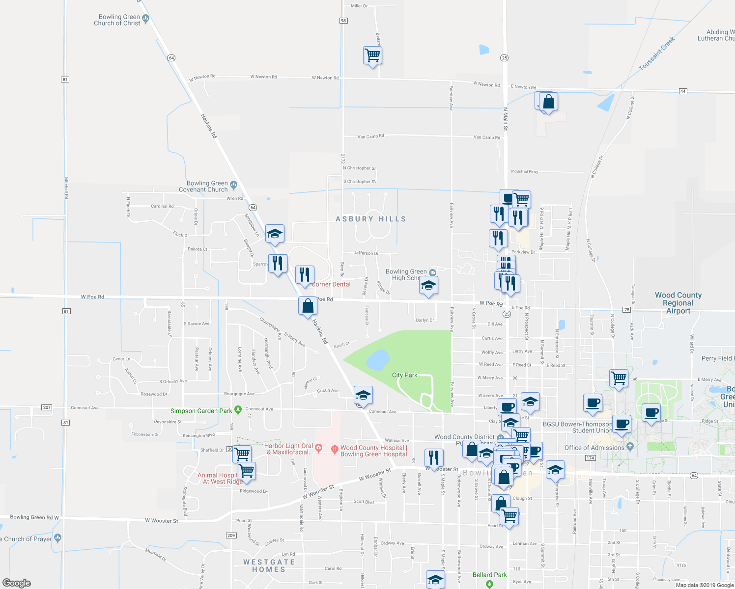 map of restaurants, bars, coffee shops, grocery stores, and more near 1010 Revere Drive in Bowling Green
