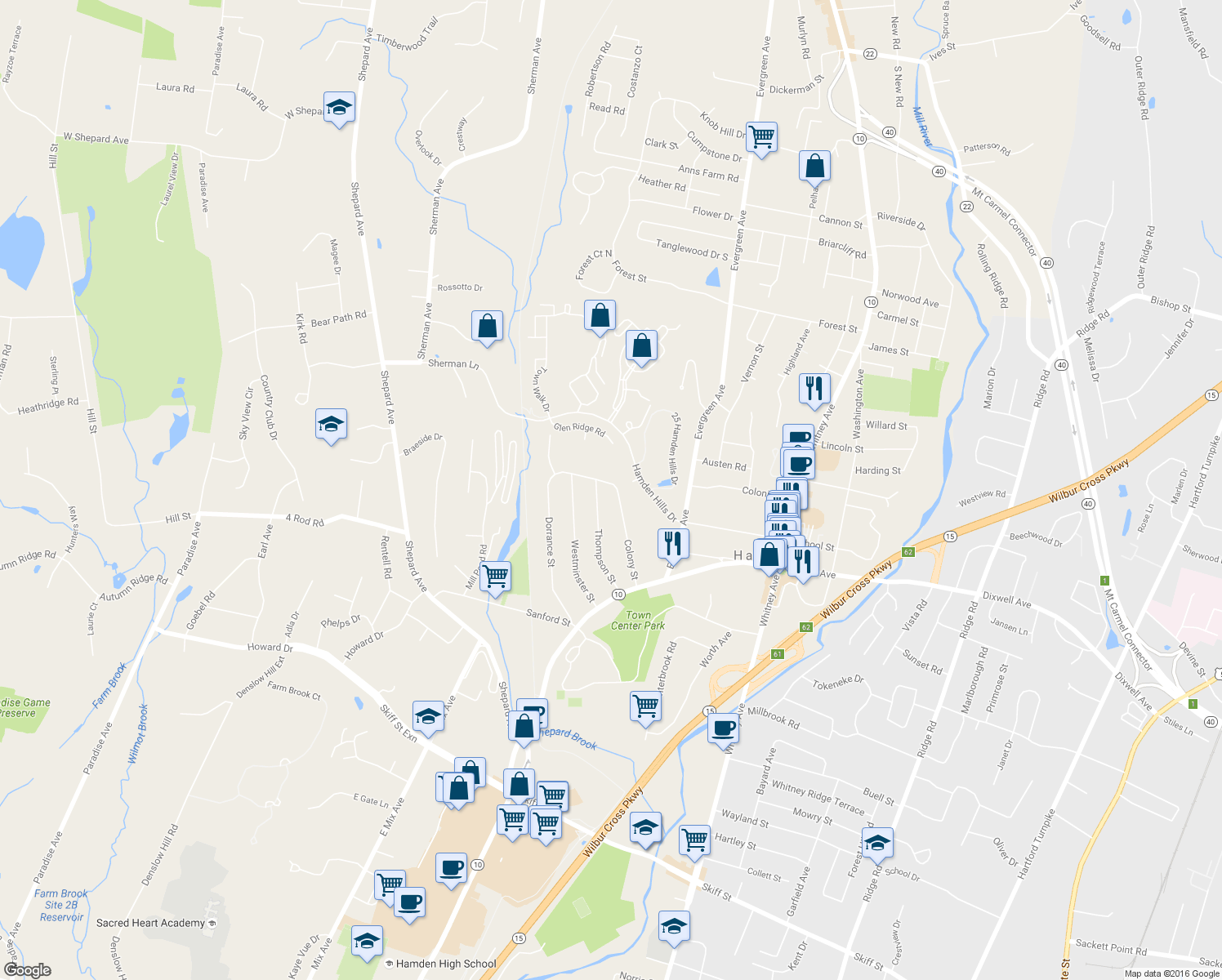map of restaurants, bars, coffee shops, grocery stores, and more near 150 Colony Street in Hamden