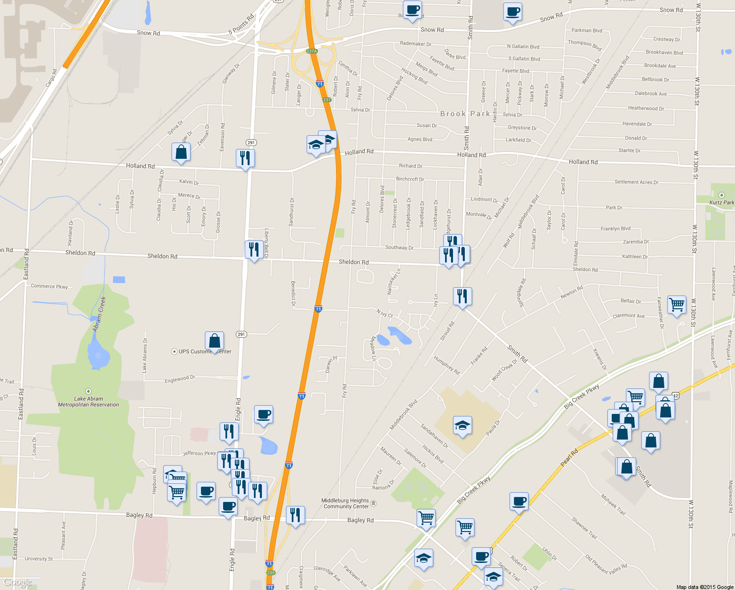 map of restaurants, bars, coffee shops, grocery stores, and more near 6689 Fry Rd in Middleburg Heights