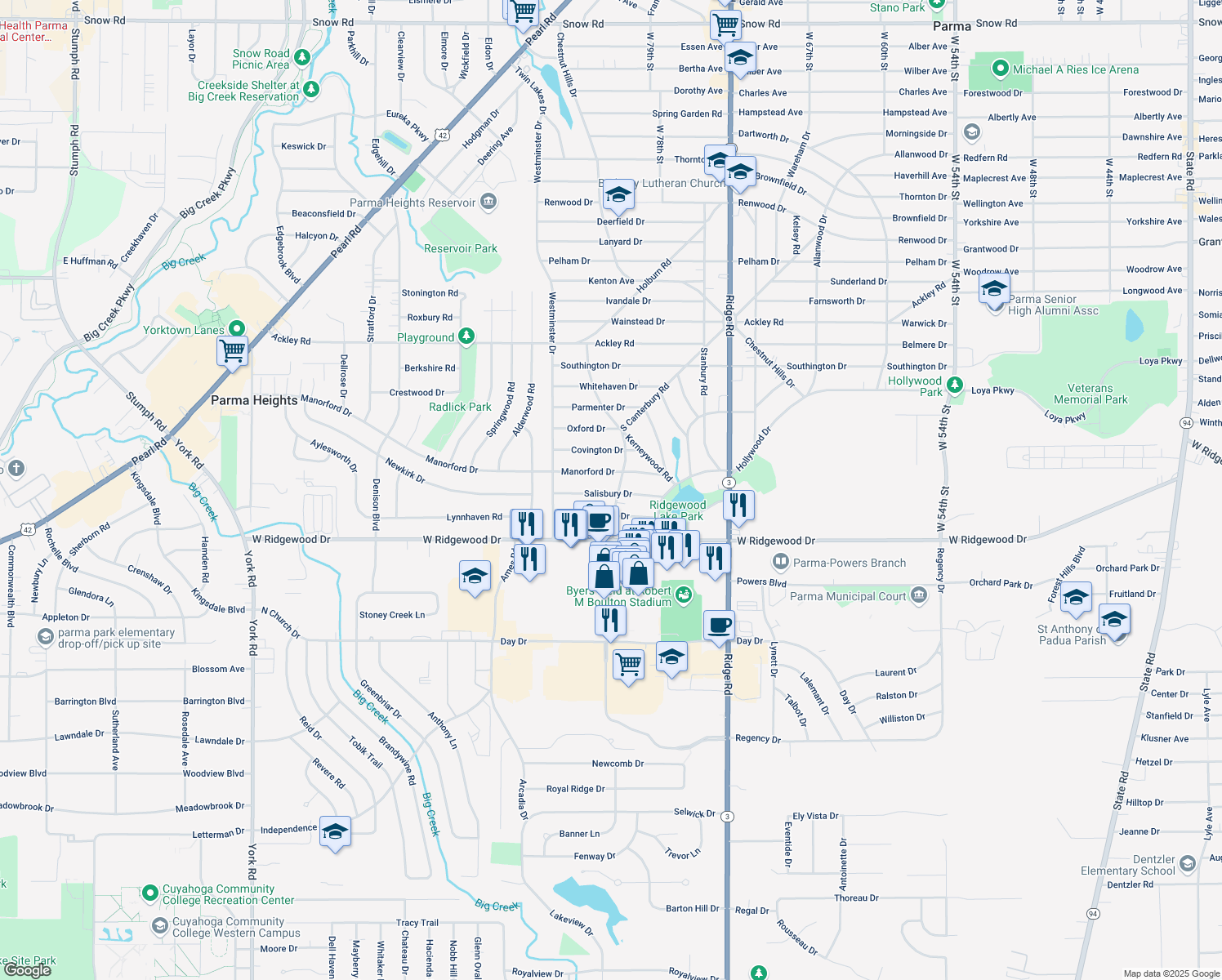 map of restaurants, bars, coffee shops, grocery stores, and more near 6528 S Canterbury Rd in Parma