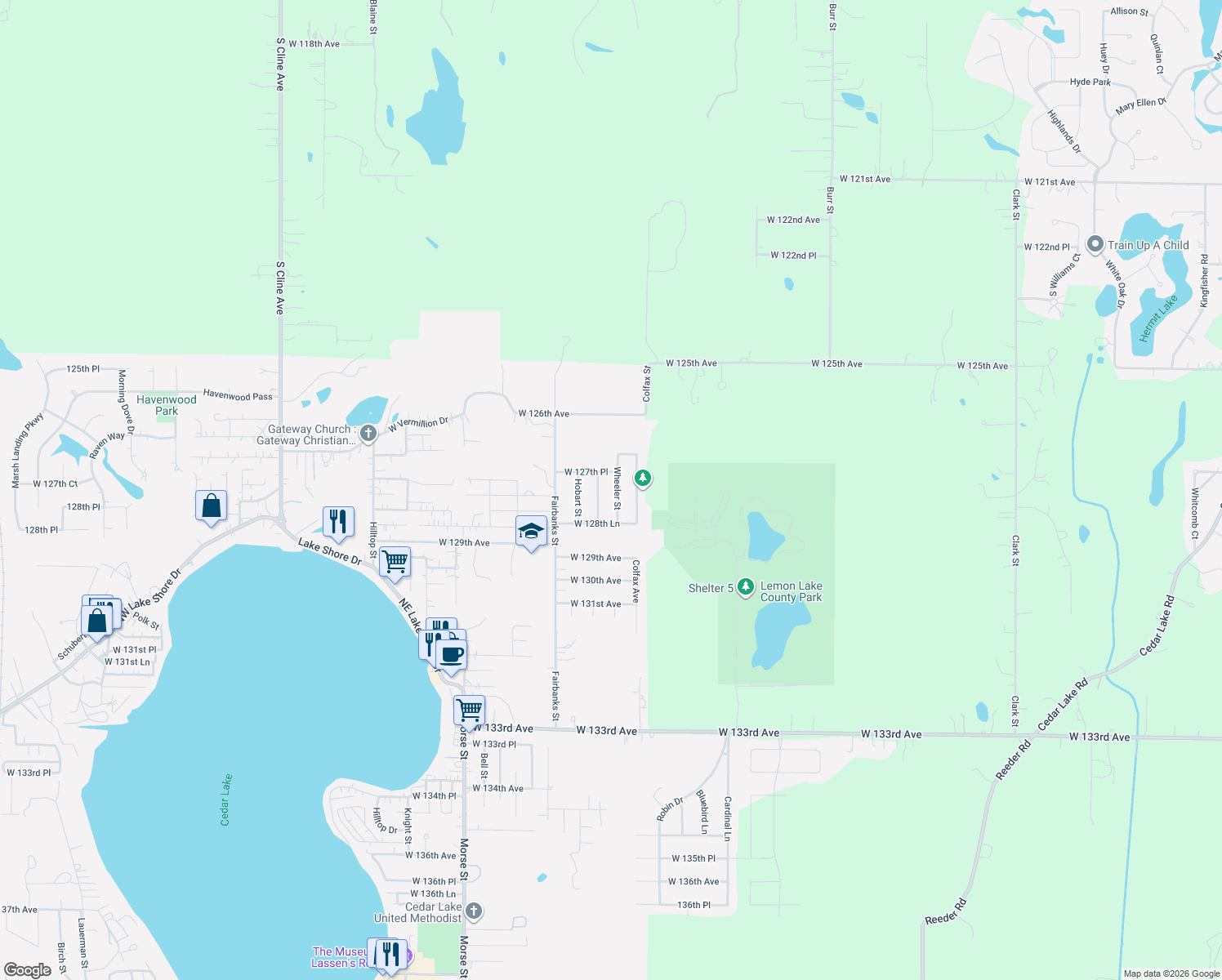 map of restaurants, bars, coffee shops, grocery stores, and more near 12748 Wheeler St in Cedar Lake
