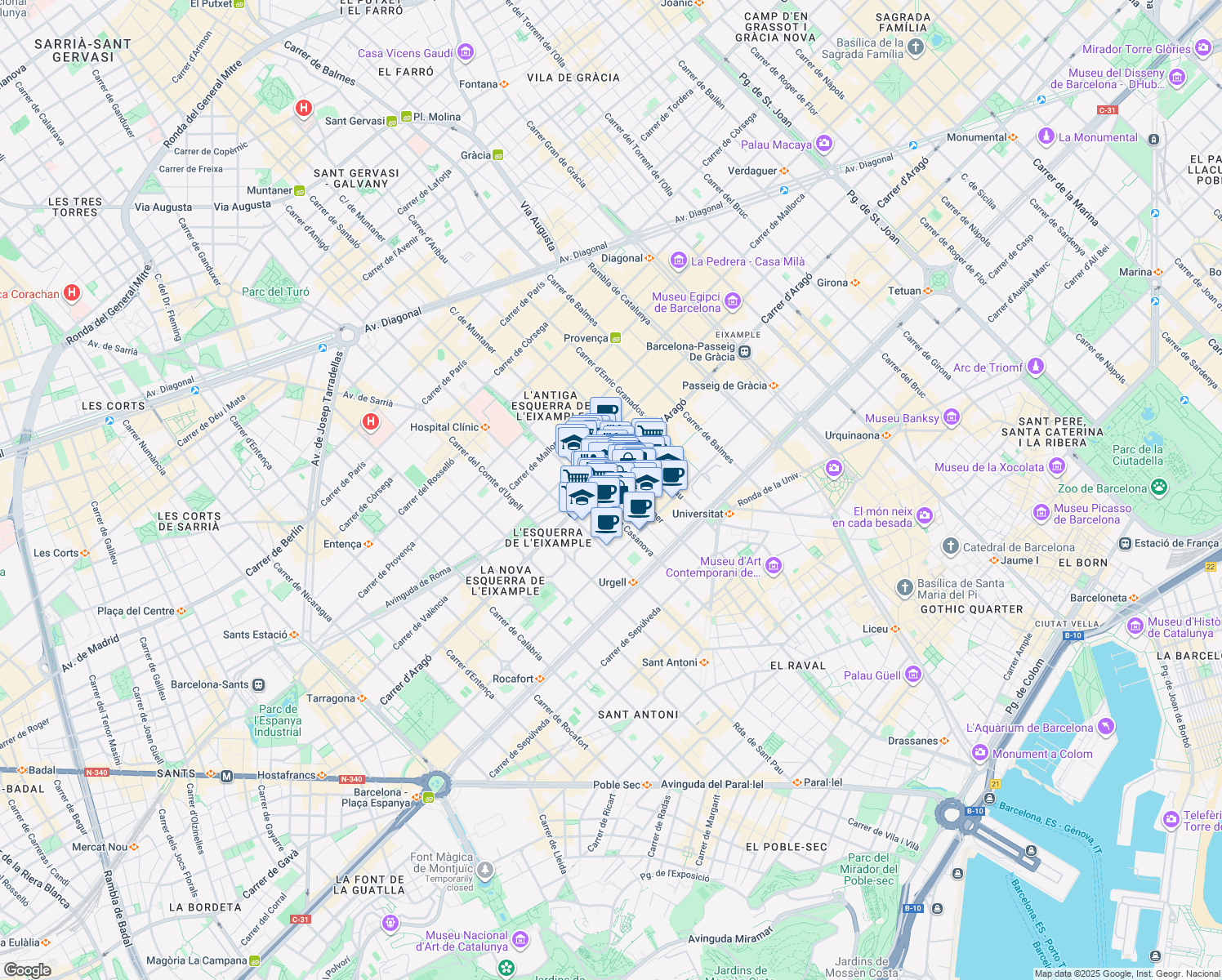 map of restaurants, bars, coffee shops, grocery stores, and more near 182 Carrer d'Aragó in Barcelona