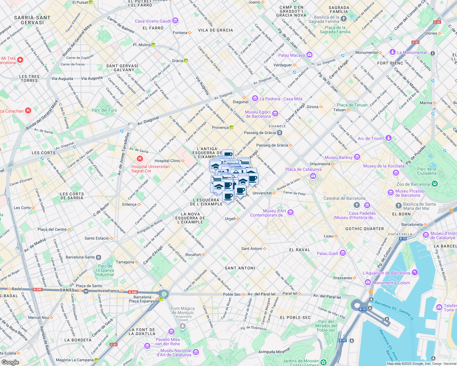 map of restaurants, bars, coffee shops, grocery stores, and more near 182 Carrer d'Aragó in Barcelona