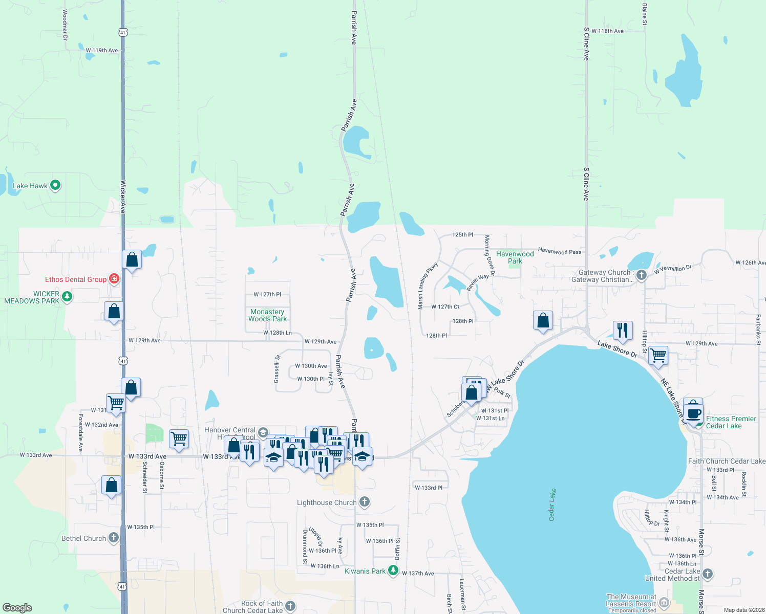 map of restaurants, bars, coffee shops, grocery stores, and more near 10128 W 128th Ln in Cedar Lake