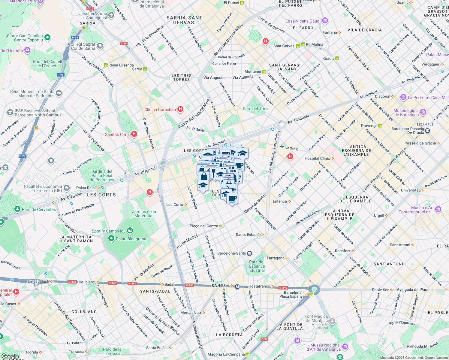 map of restaurants, bars, coffee shops, grocery stores, and more near 141 Carrer de Nicaragua in Barcelona