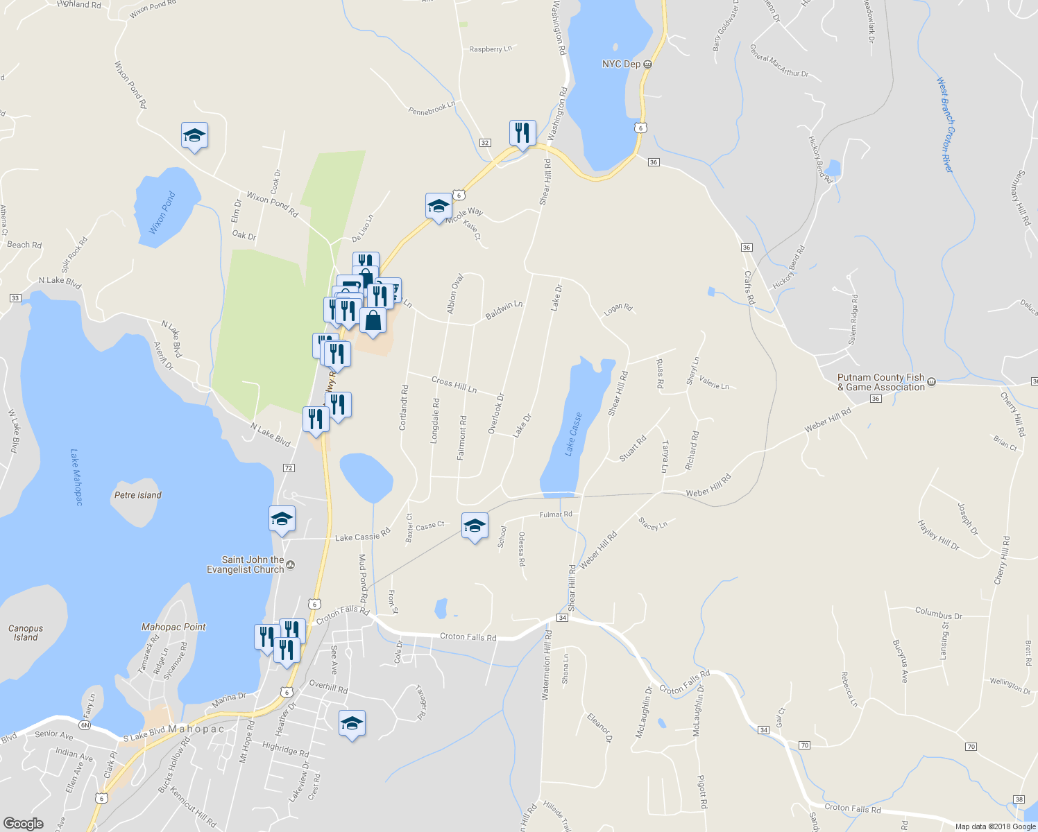 map of restaurants, bars, coffee shops, grocery stores, and more near 109 Lake Drive in Mahopac