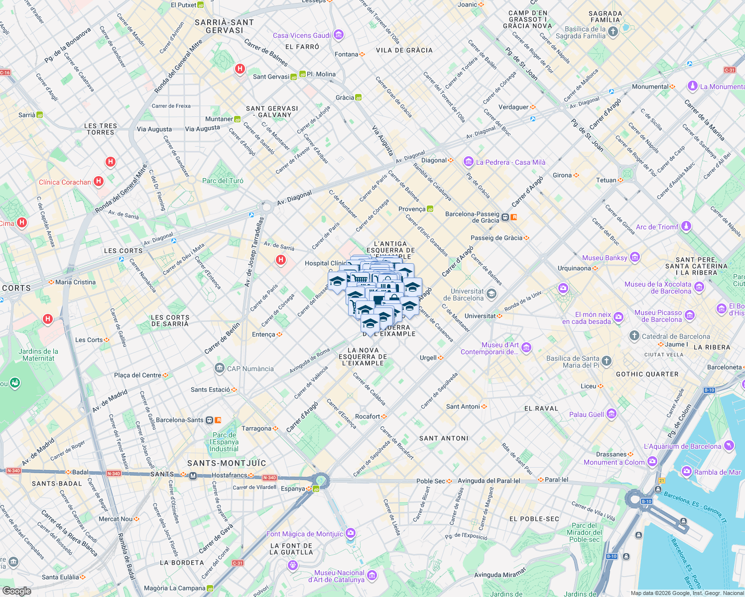 map of restaurants, bars, coffee shops, grocery stores, and more near 132 Carrer de Mallorca in Barcelona