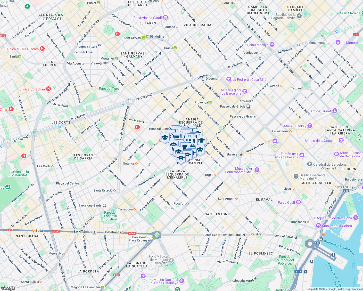 map of restaurants, bars, coffee shops, grocery stores, and more near 132 Carrer de Mallorca in Barcelona