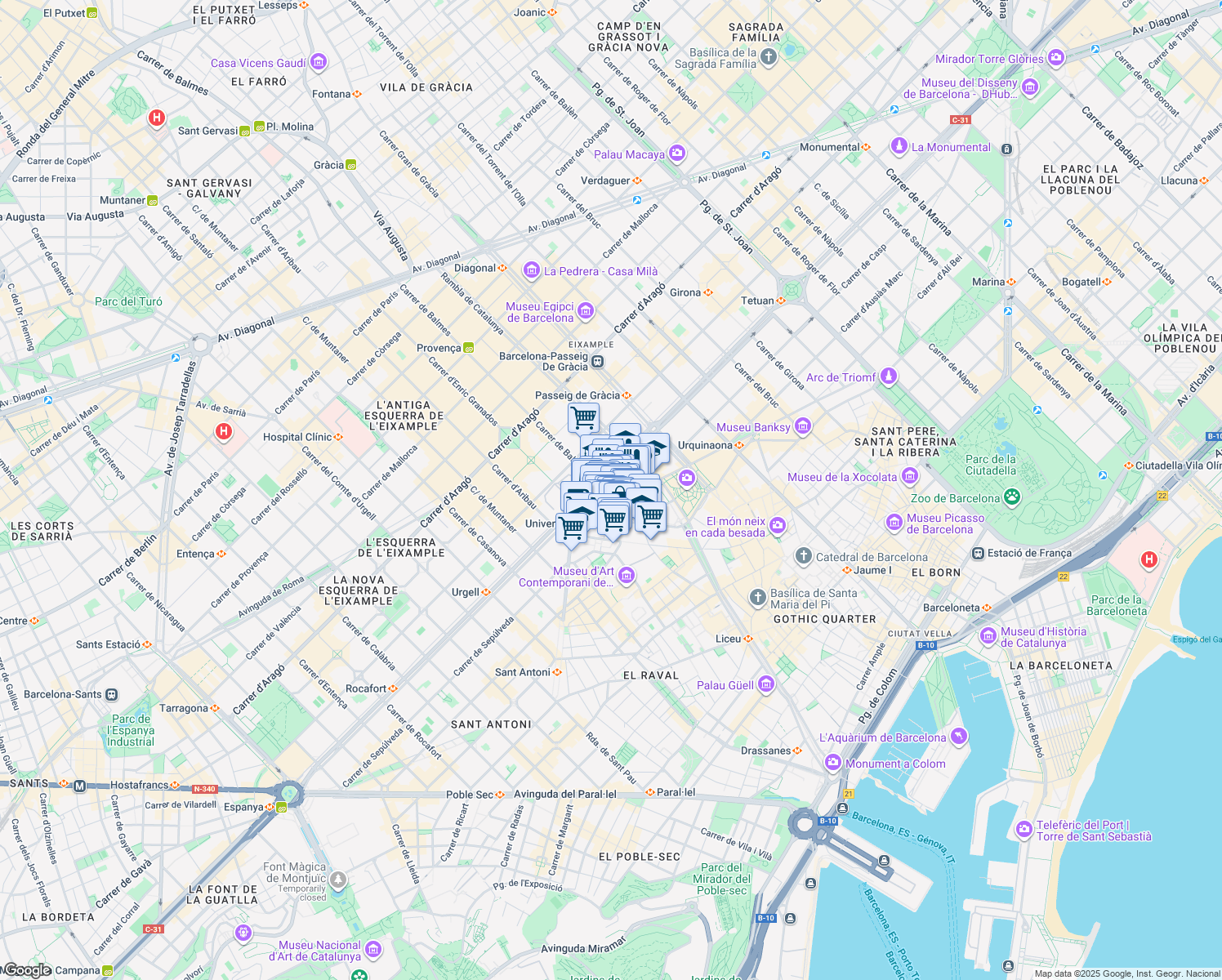 map of restaurants, bars, coffee shops, grocery stores, and more near 16 Carrer de Balmes in Barcelona