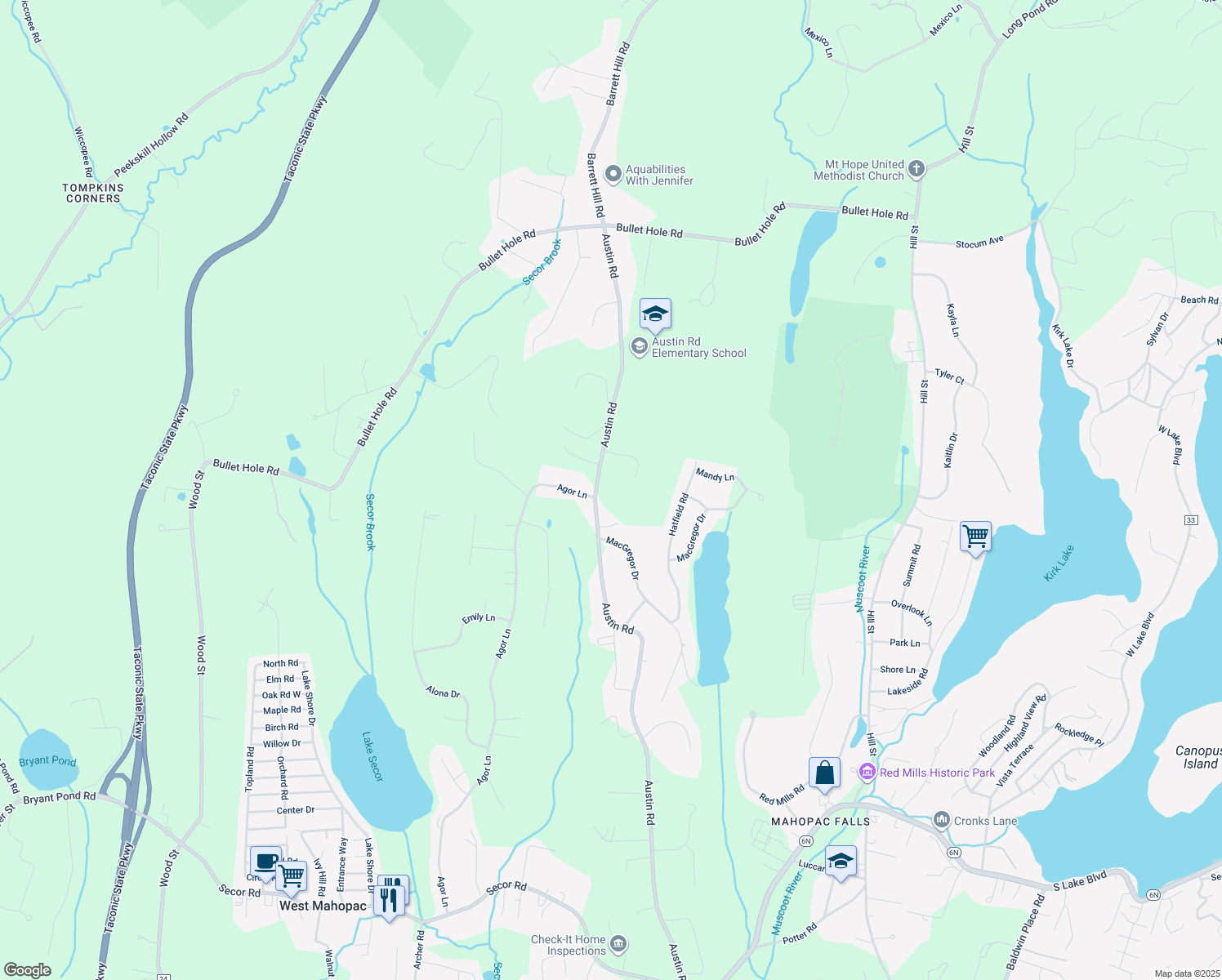 map of restaurants, bars, coffee shops, grocery stores, and more near 326 Austin Road in Mahopac