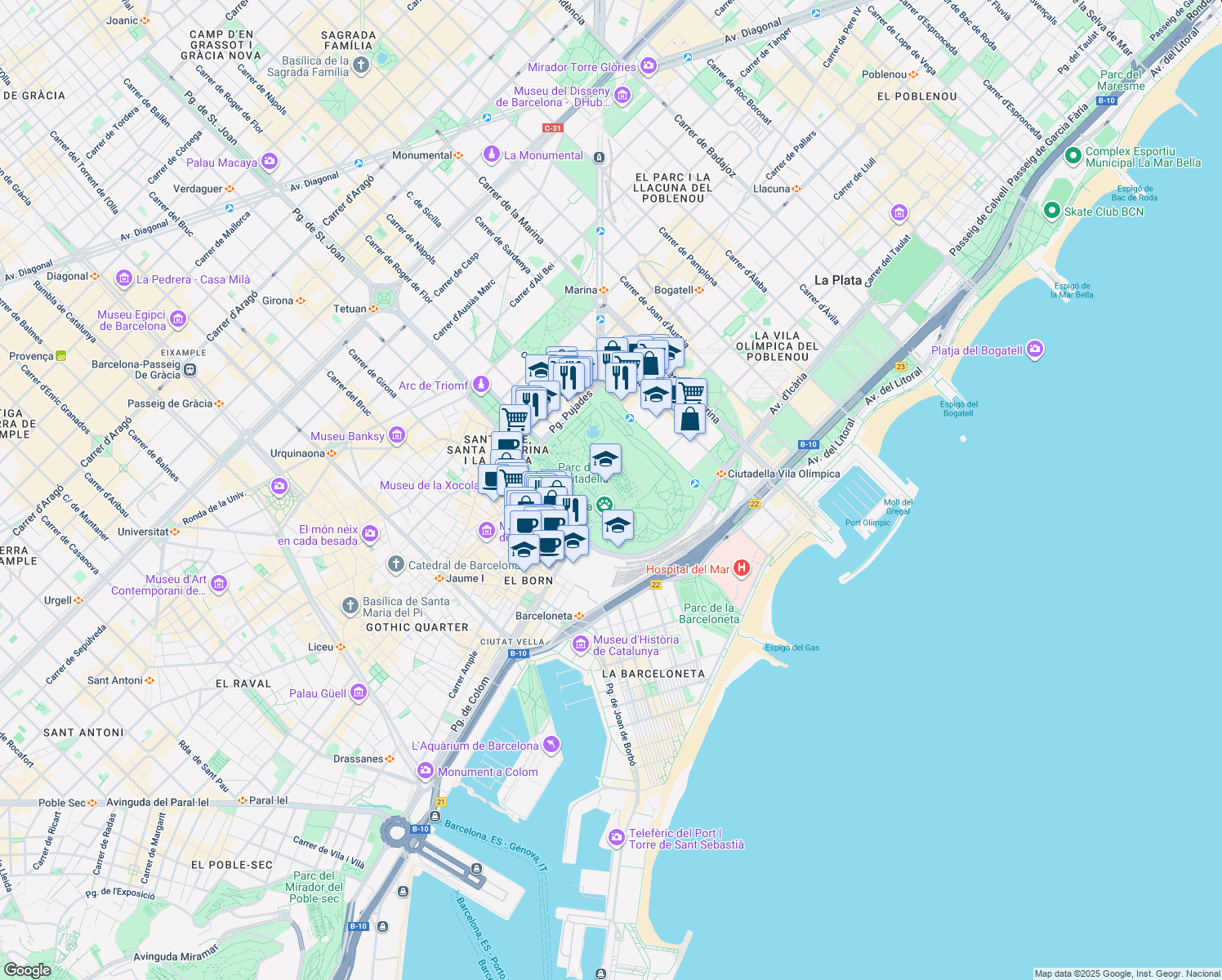 map of restaurants, bars, coffee shops, grocery stores, and more near Pas de l'Institut Escola in Barcelona