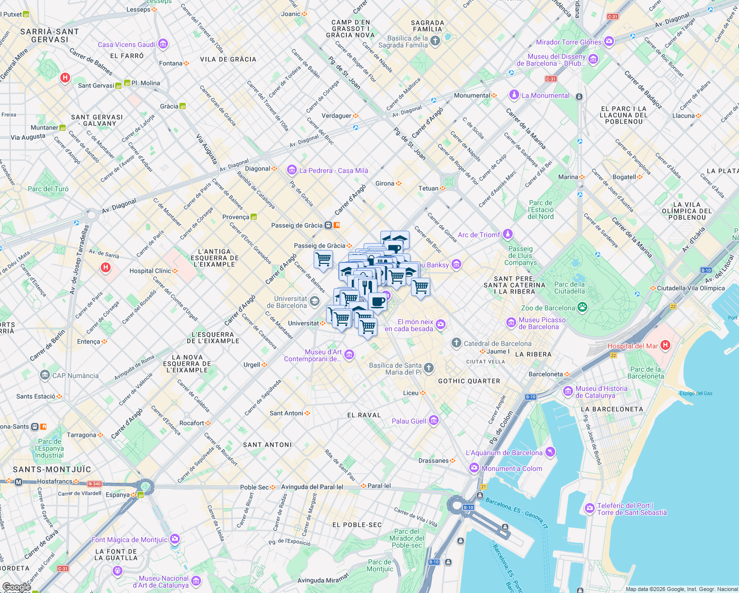 map of restaurants, bars, coffee shops, grocery stores, and more near in Barcelona
