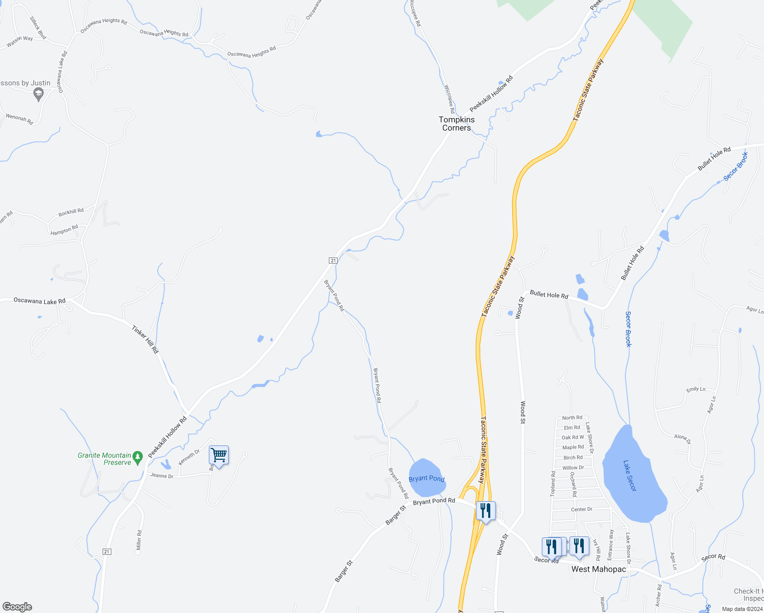 map of restaurants, bars, coffee shops, grocery stores, and more near 642 Peekskill Hollow Road in Putnam Valley