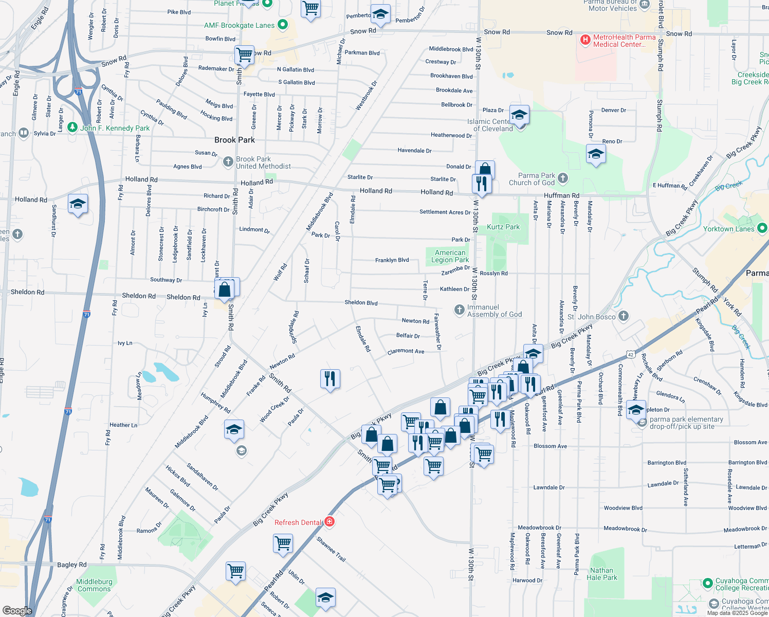 map of restaurants, bars, coffee shops, grocery stores, and more near 13819 Sheldon Rd in Middleburg Heights