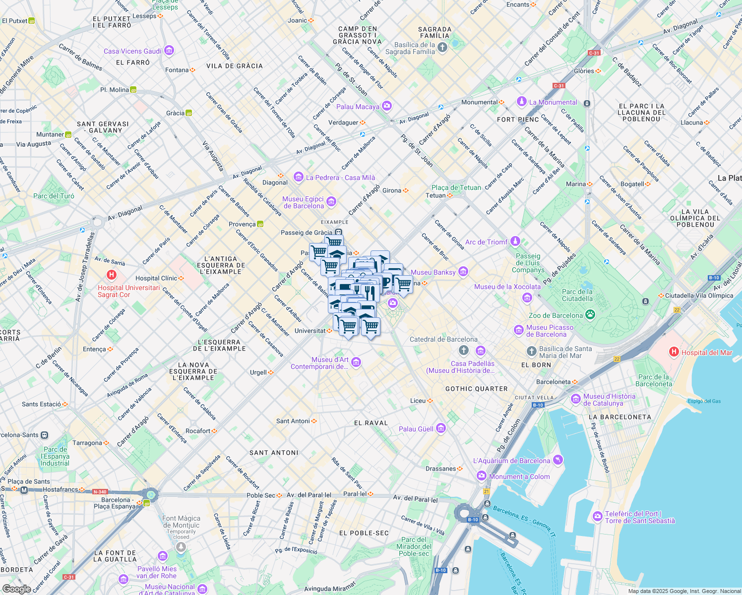 map of restaurants, bars, coffee shops, grocery stores, and more near 6 Rambla de Catalunya in Barcelona