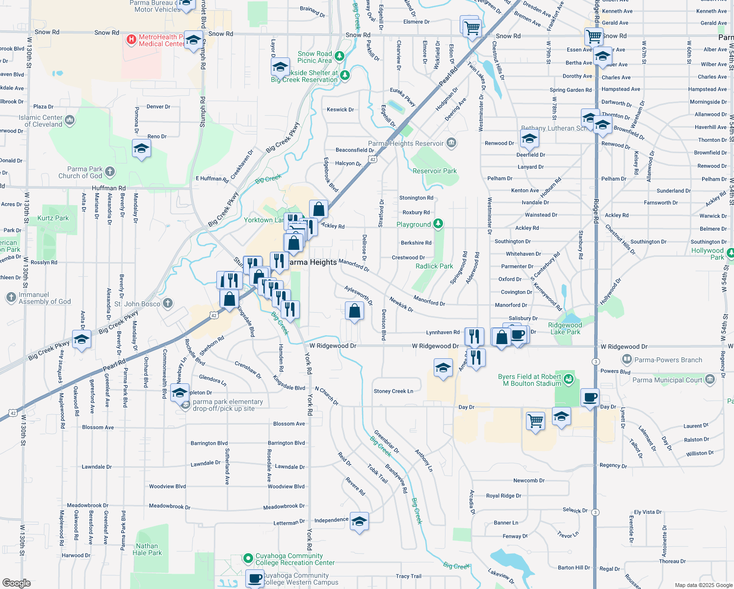 map of restaurants, bars, coffee shops, grocery stores, and more near 6493 Aylesworth Drive in Parma Heights