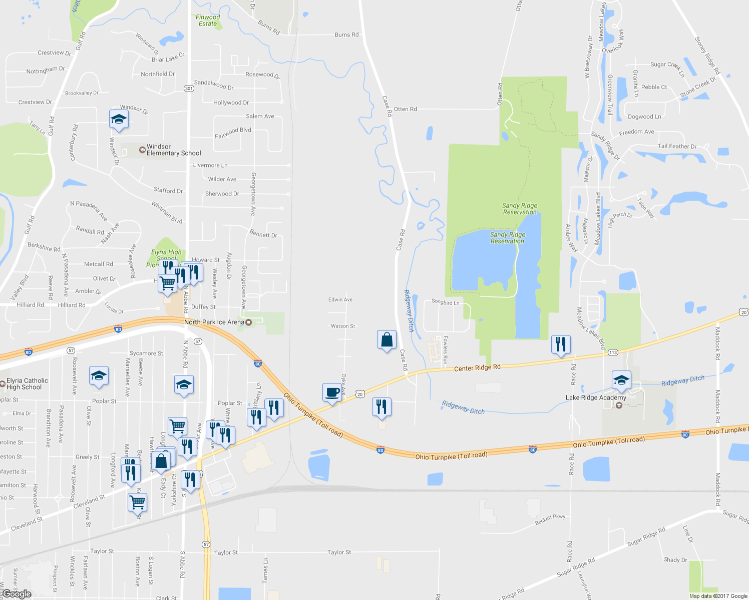 map of restaurants, bars, coffee shops, grocery stores, and more near 7122 Case Road in North Ridgeville