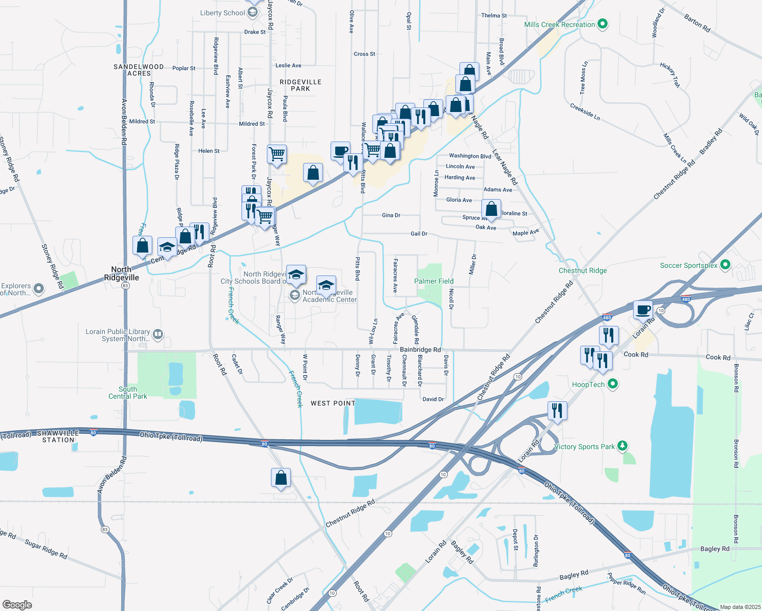 map of restaurants, bars, coffee shops, grocery stores, and more near 7137 Wil-Lou Lane in North Ridgeville