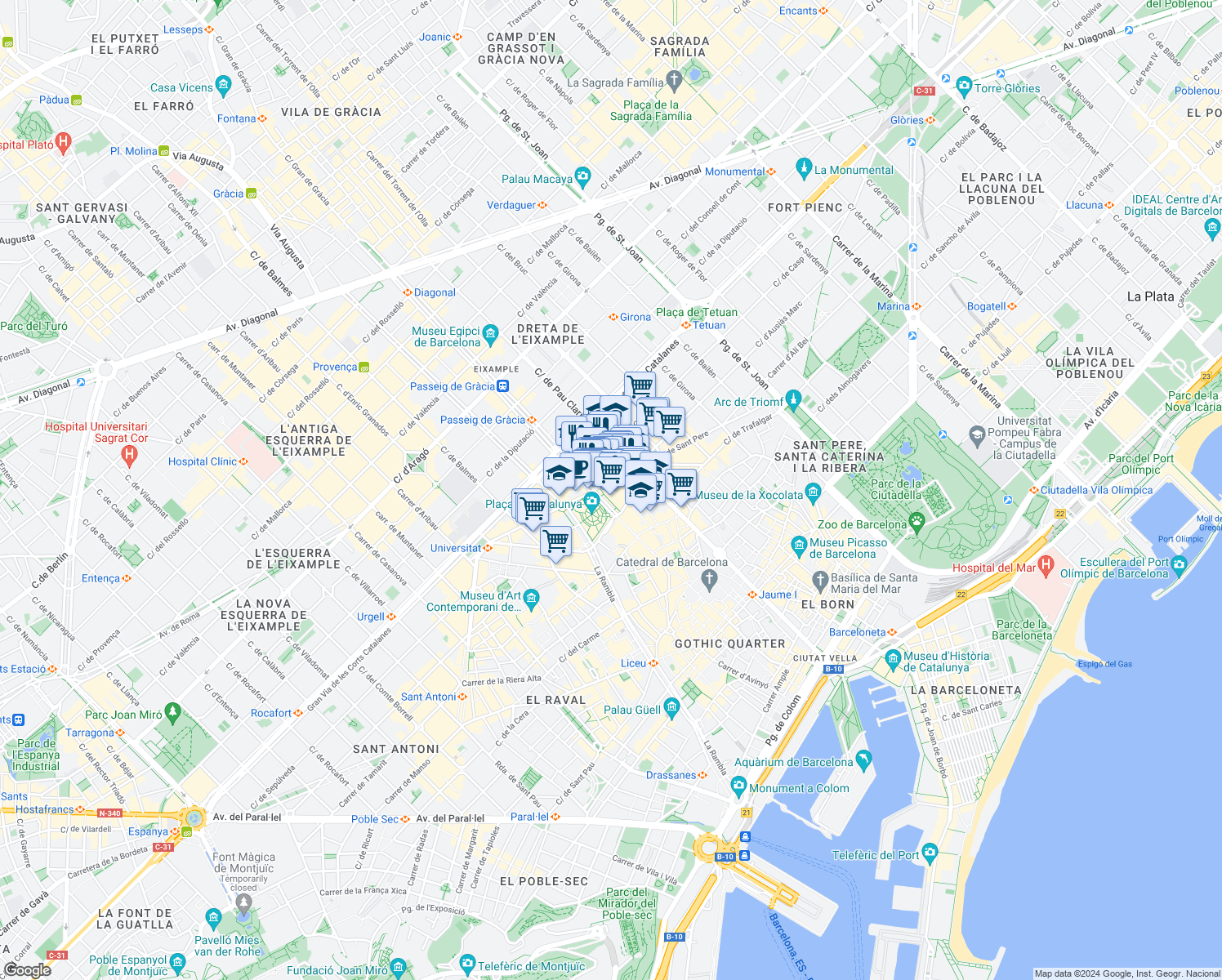 map of restaurants, bars, coffee shops, grocery stores, and more near 2 Ronda de Sant Pere in Barcelona