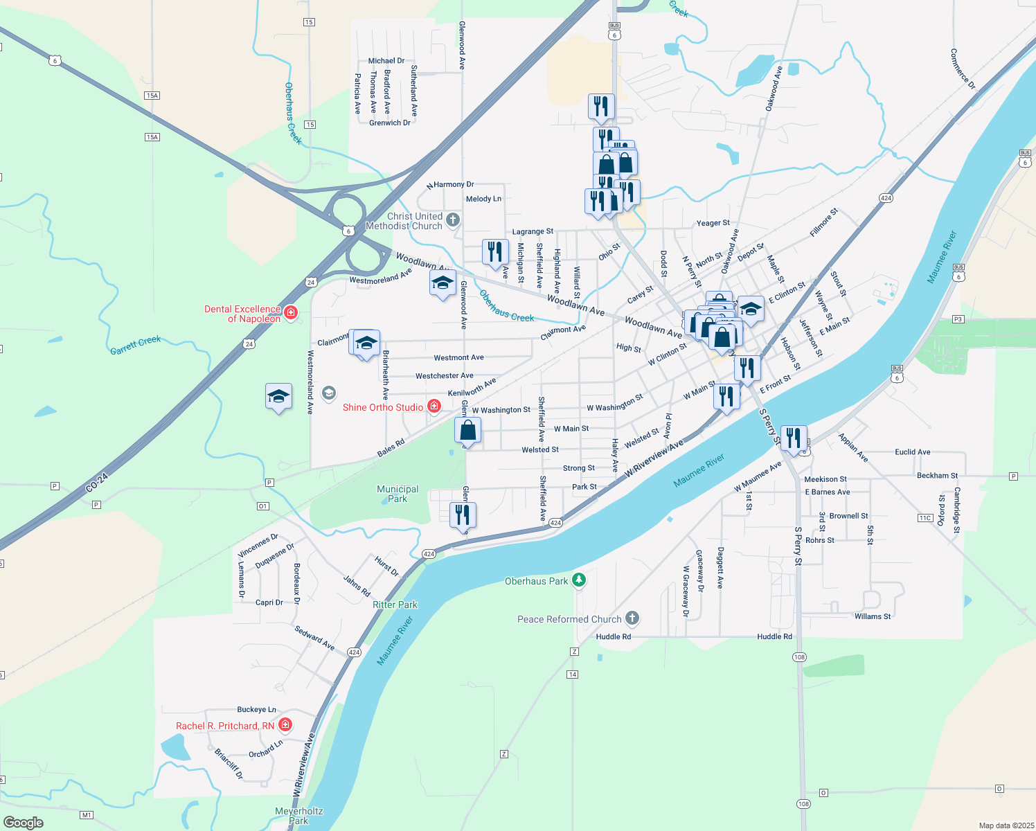 map of restaurants, bars, coffee shops, grocery stores, and more near 907 W Washington St in Napoleon