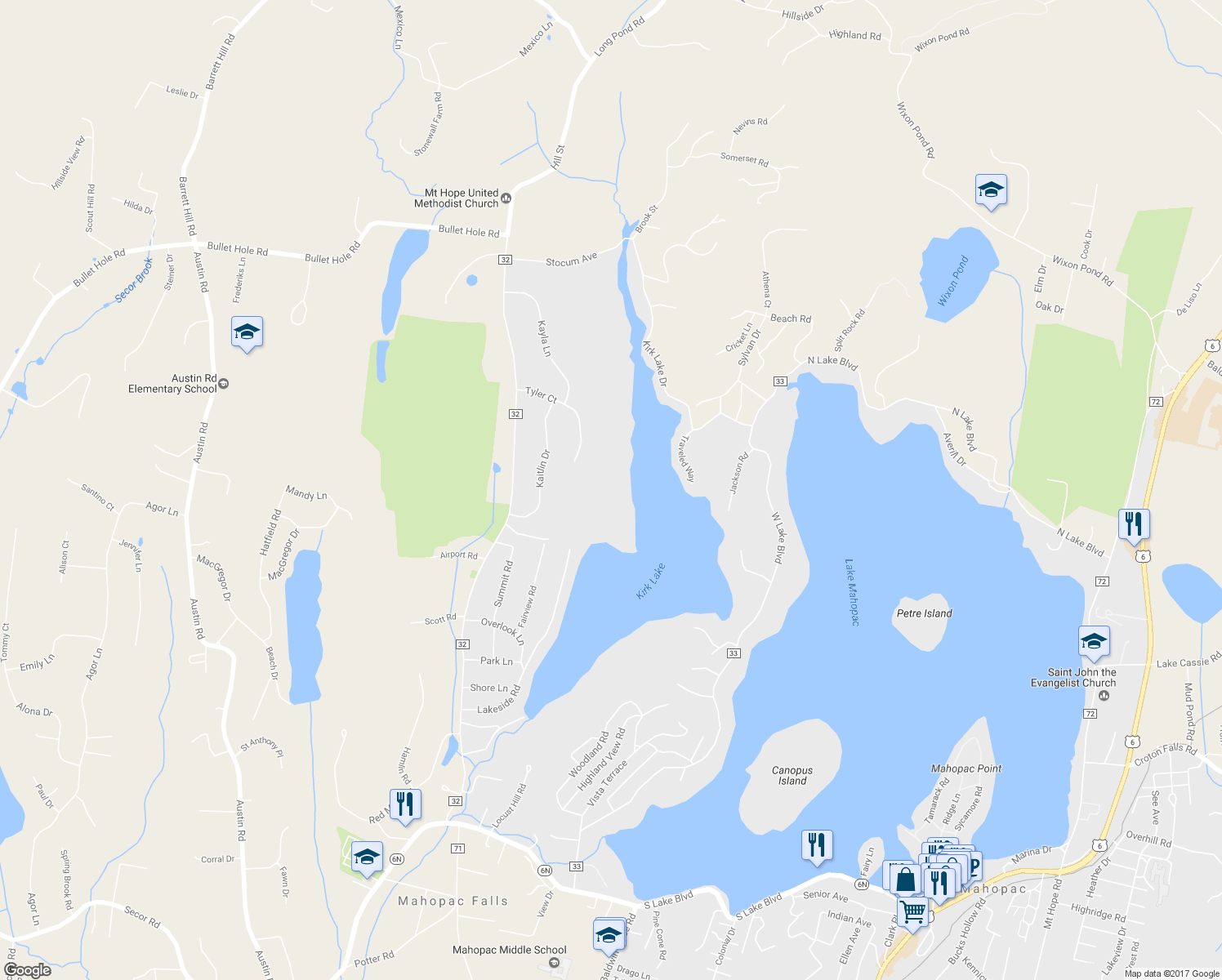 map of restaurants, bars, coffee shops, grocery stores, and more near 47 Tyler Court in Mahopac