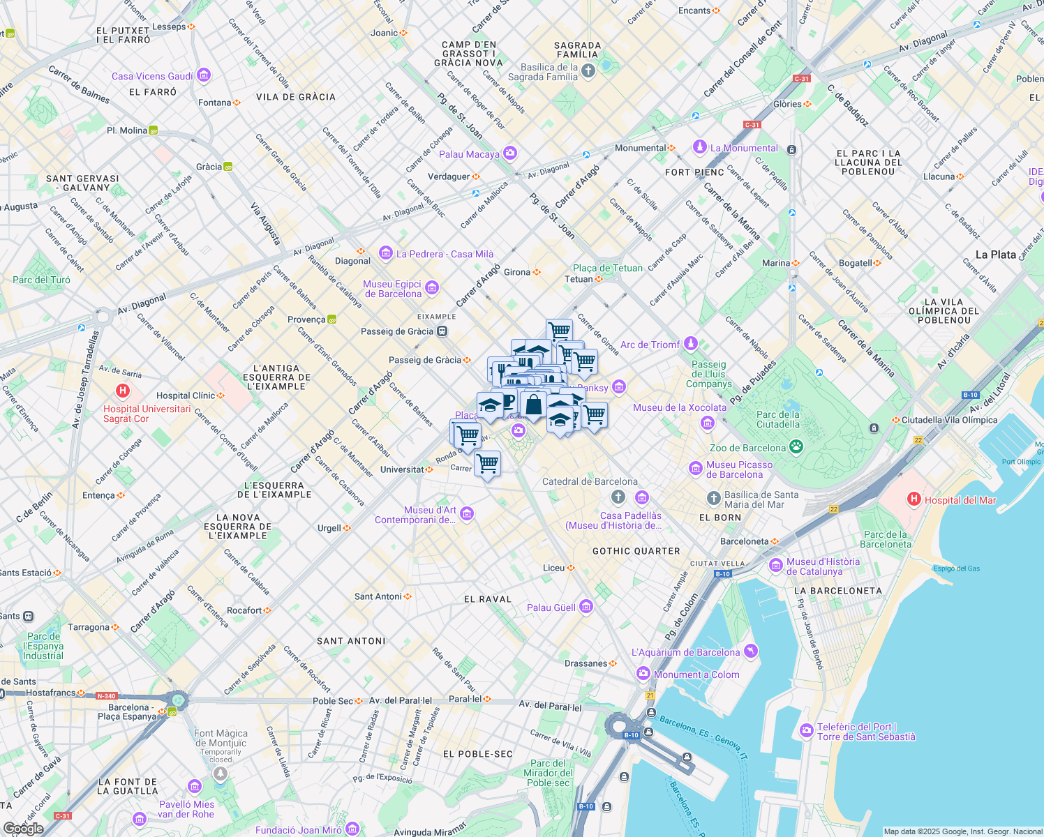 map of restaurants, bars, coffee shops, grocery stores, and more near 2 Passeig de Gràcia in Barcelona