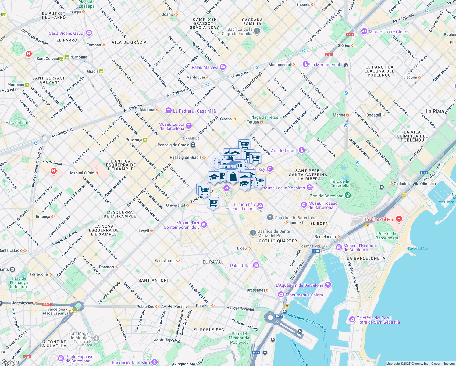 map of restaurants, bars, coffee shops, grocery stores, and more near 2 Passeig de Gràcia in Barcelona