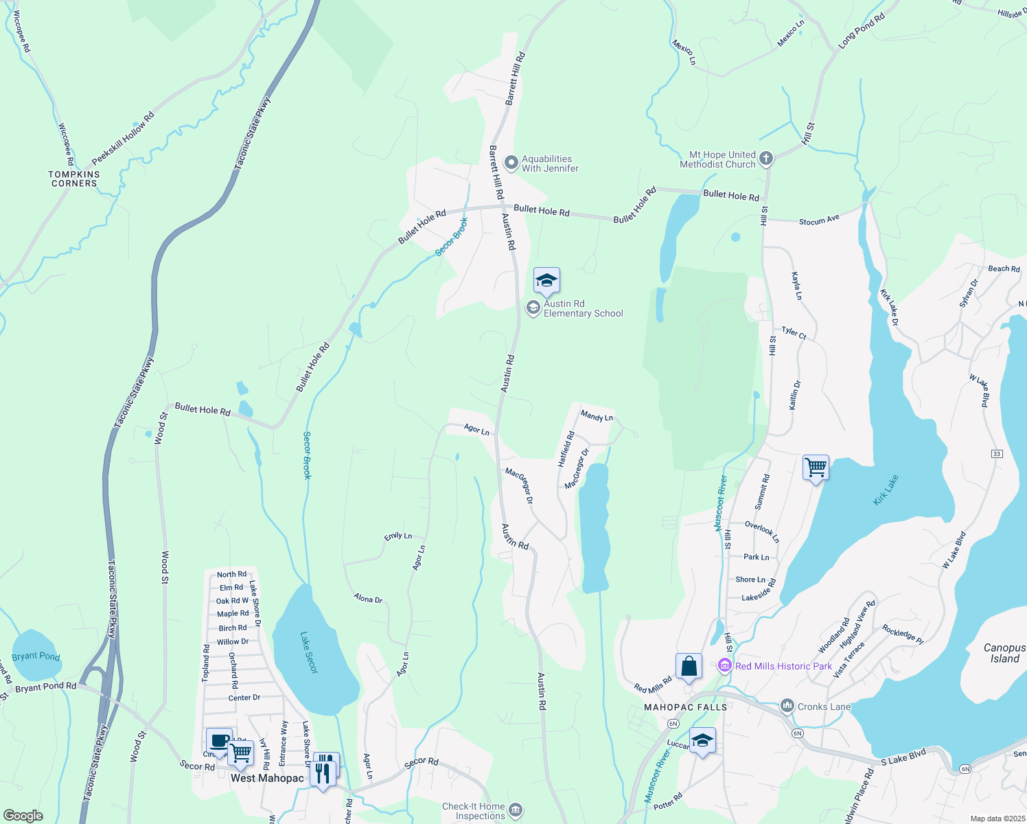 map of restaurants, bars, coffee shops, grocery stores, and more near 326 Austin Road in Mahopac
