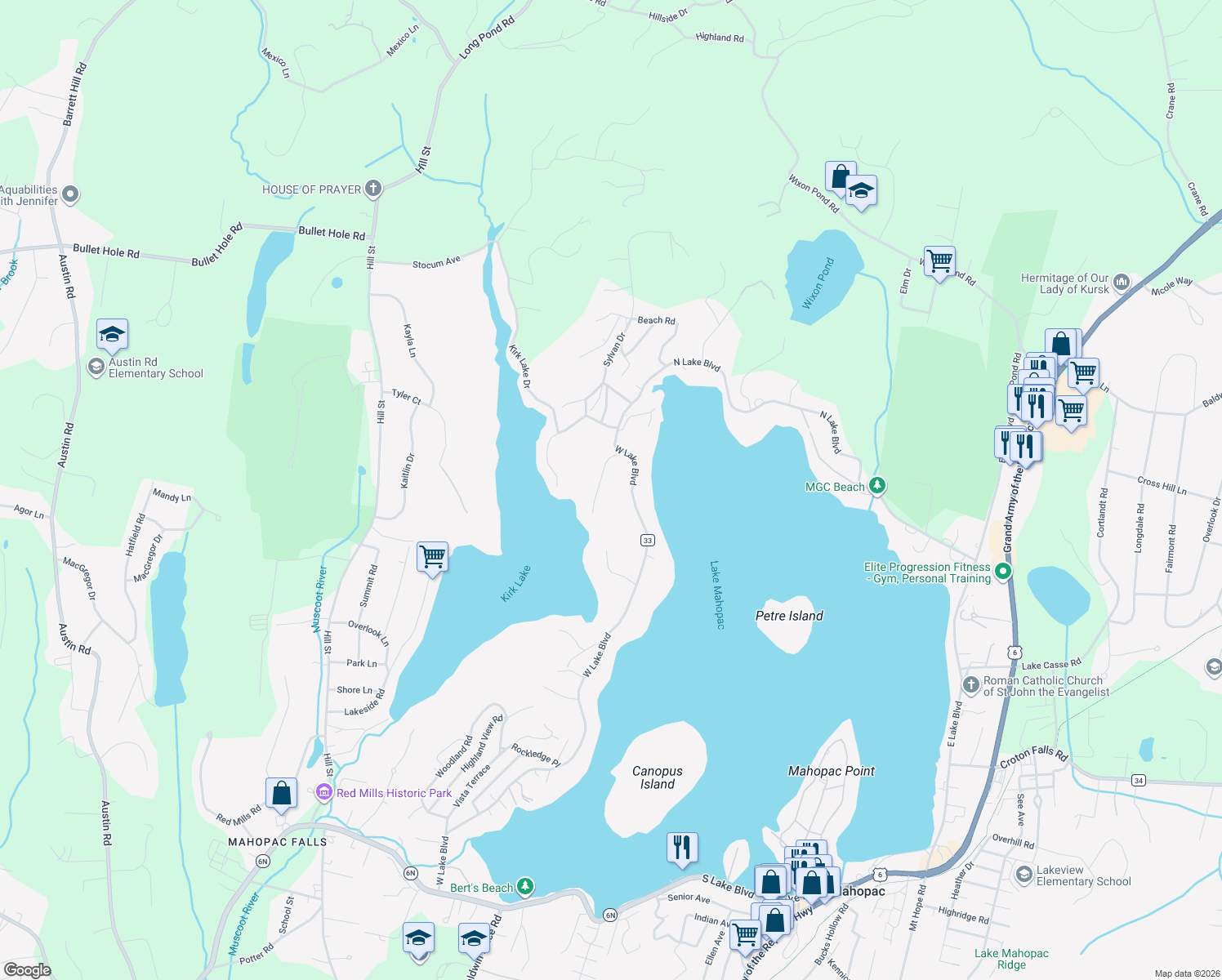 map of restaurants, bars, coffee shops, grocery stores, and more near 24 Jackson Road in Mahopac