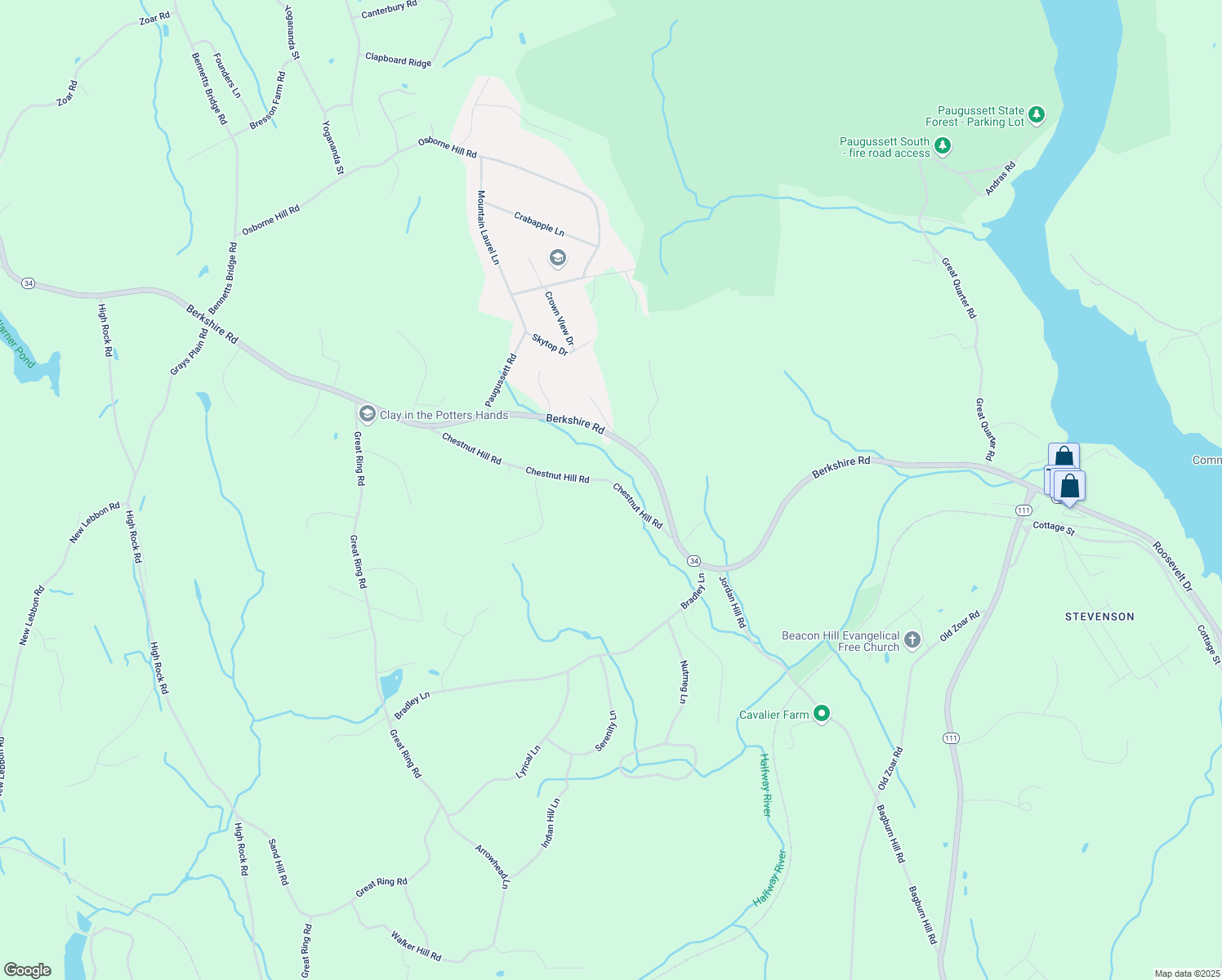 map of restaurants, bars, coffee shops, grocery stores, and more near 30 Chestnut Hill Road in Newtown