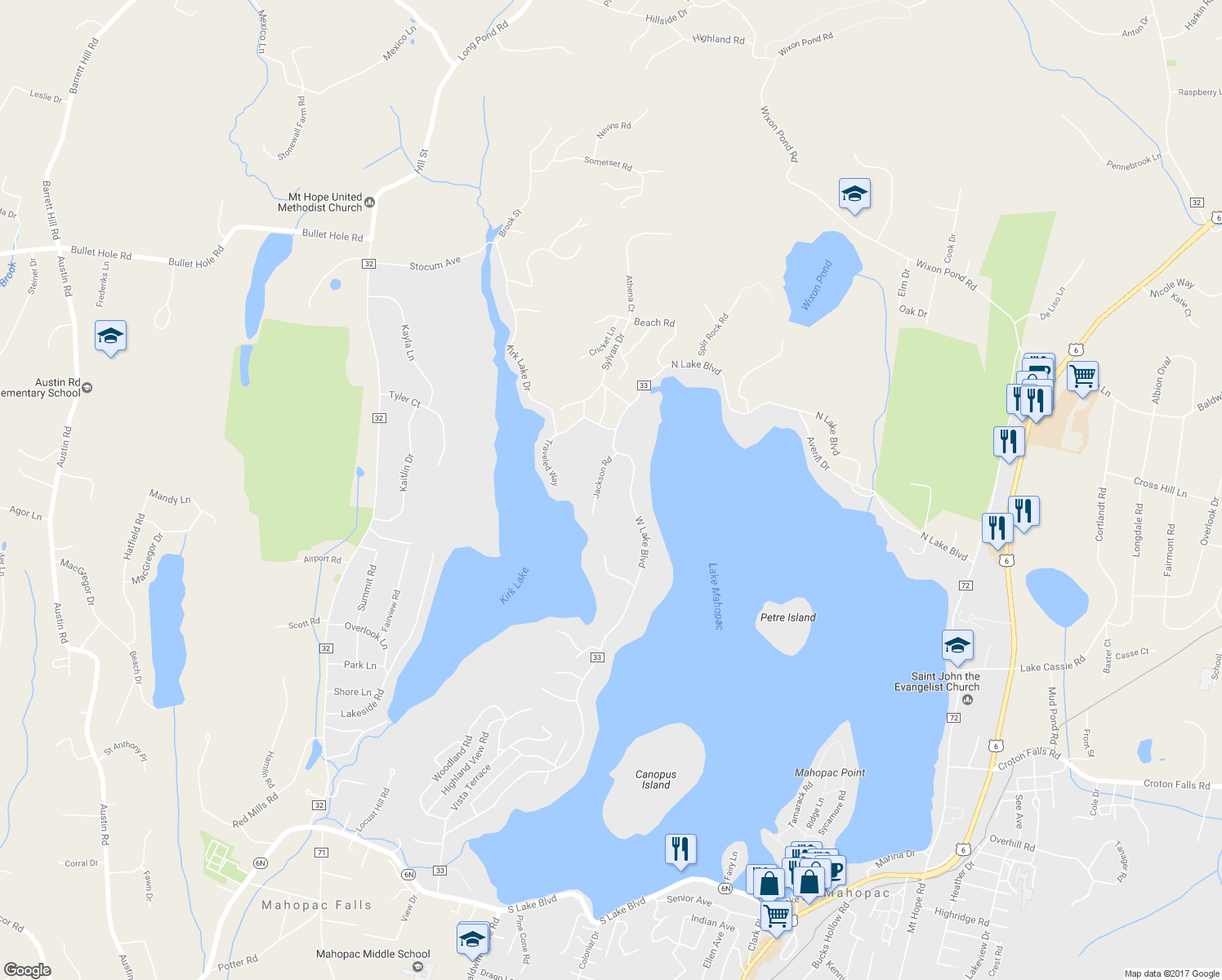 map of restaurants, bars, coffee shops, grocery stores, and more near 24 Jackson Road in Mahopac