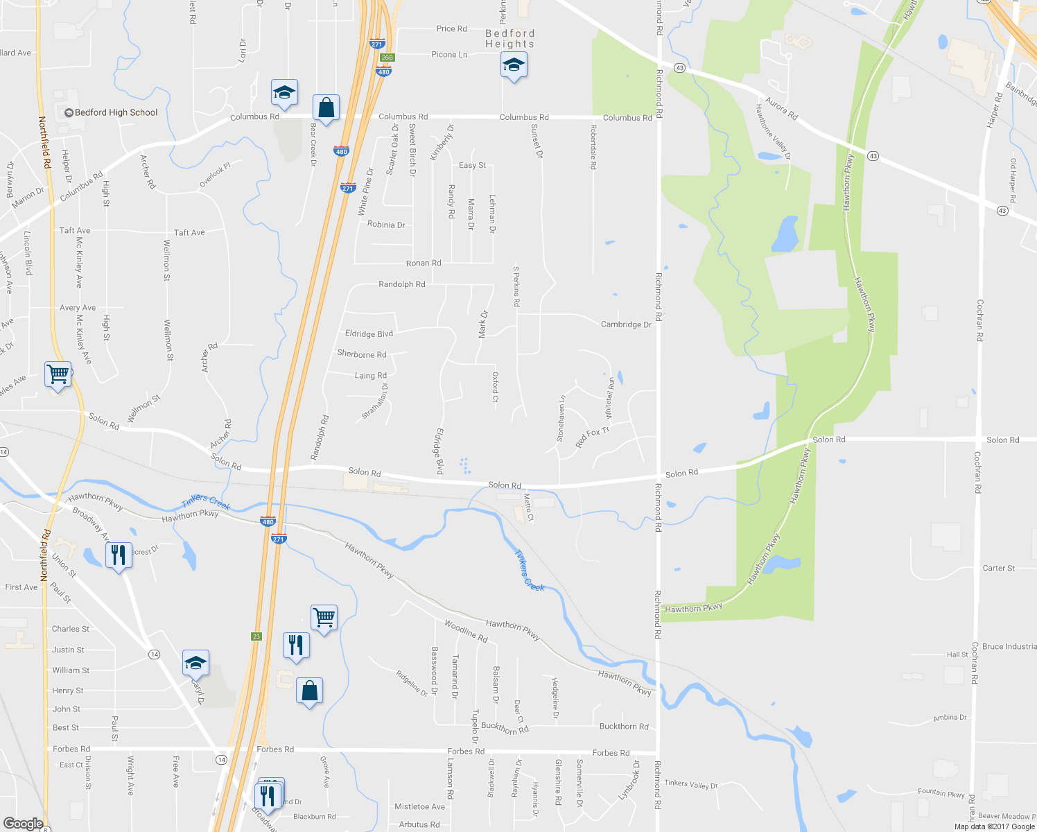 map of restaurants, bars, coffee shops, grocery stores, and more near 6345 Holiday Hills Court in Bedford Heights