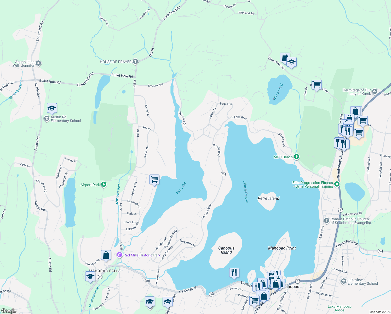 map of restaurants, bars, coffee shops, grocery stores, and more near 74 Lillian Road in Mahopac