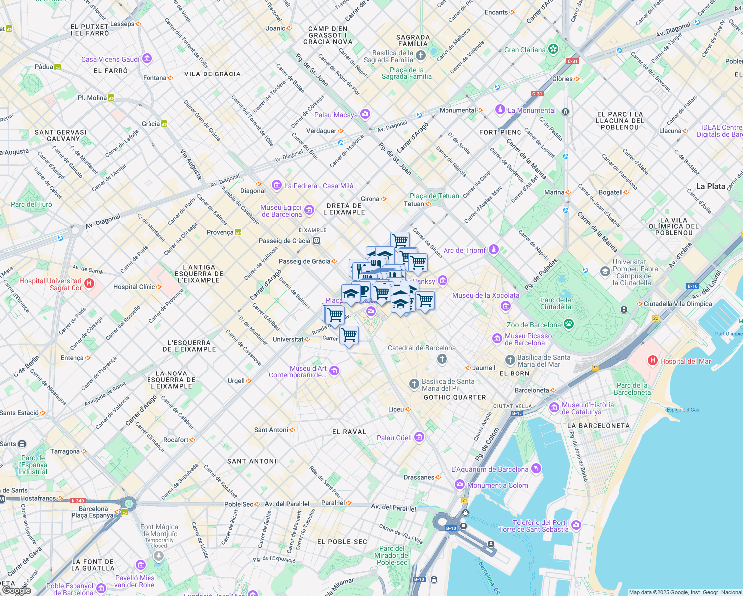 map of restaurants, bars, coffee shops, grocery stores, and more near 2 Passeig de Gràcia in Barcelona
