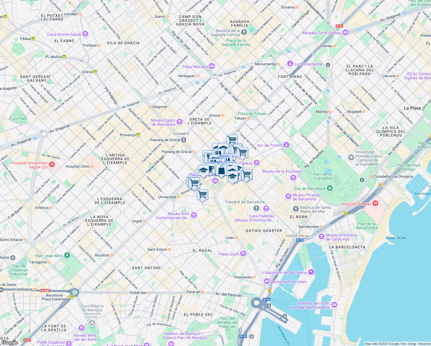 map of restaurants, bars, coffee shops, grocery stores, and more near 2 Passeig de Gràcia in Barcelona