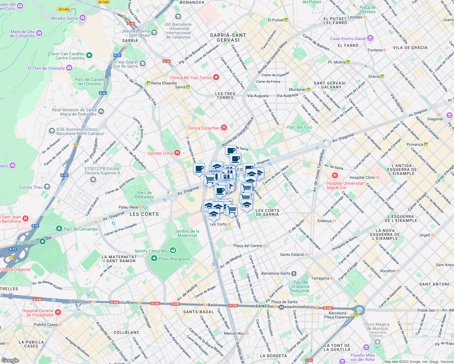 map of restaurants, bars, coffee shops, grocery stores, and more near 601 Avinguda Diagonal in Barcelona