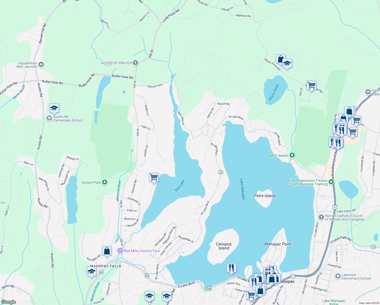 map of restaurants, bars, coffee shops, grocery stores, and more near 74 Lillian Road in Mahopac
