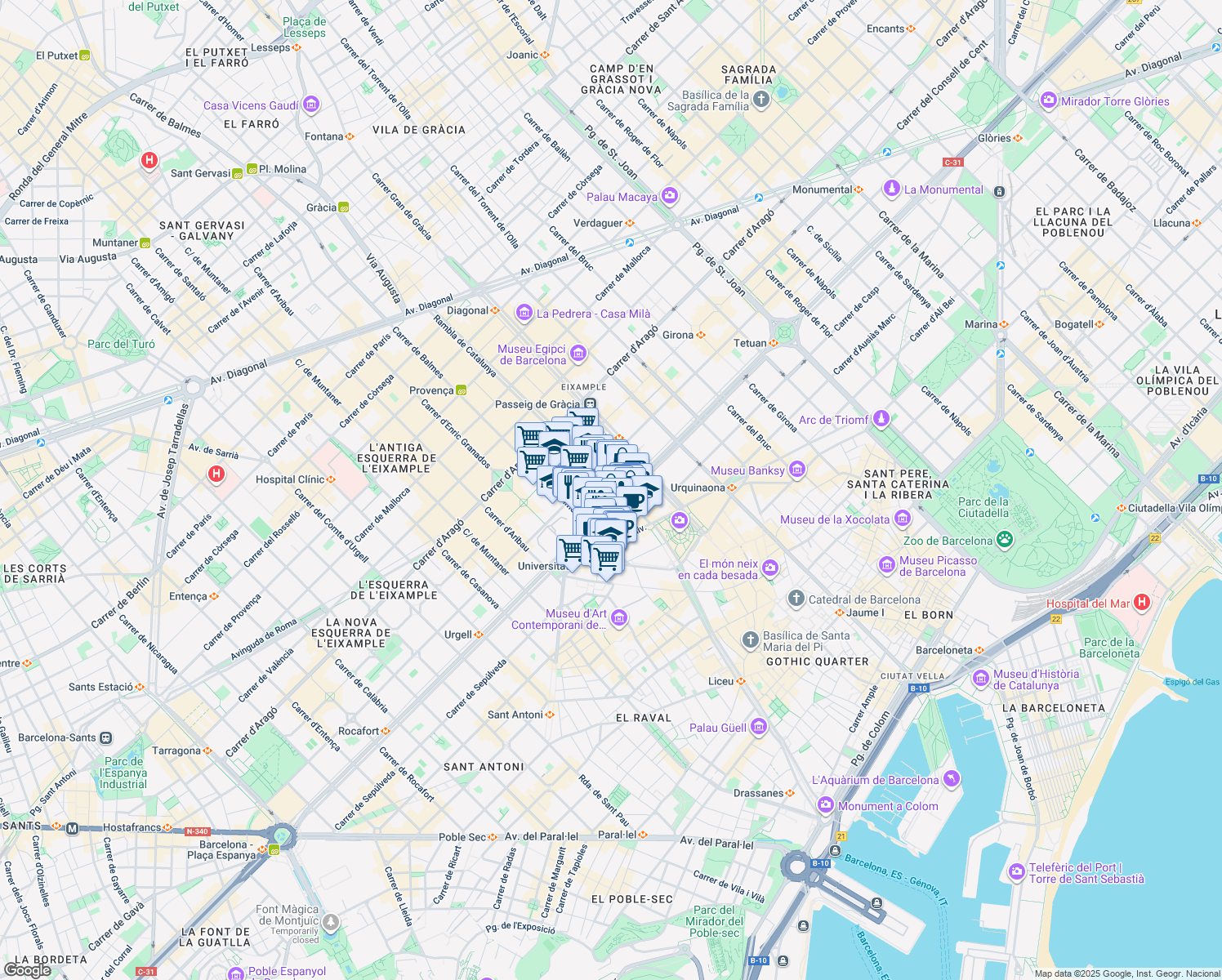 map of restaurants, bars, coffee shops, grocery stores, and more near 19 Rambla de Catalunya in Barcelona