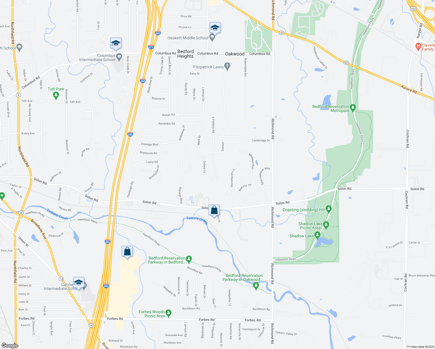 map of restaurants, bars, coffee shops, grocery stores, and more near 6327 South Perkins Court in Bedford Heights