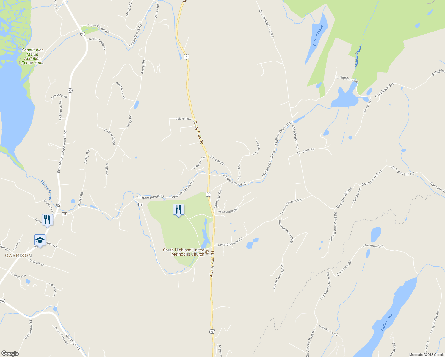 map of restaurants, bars, coffee shops, grocery stores, and more near 111 Philipse Brook Road in Garrison