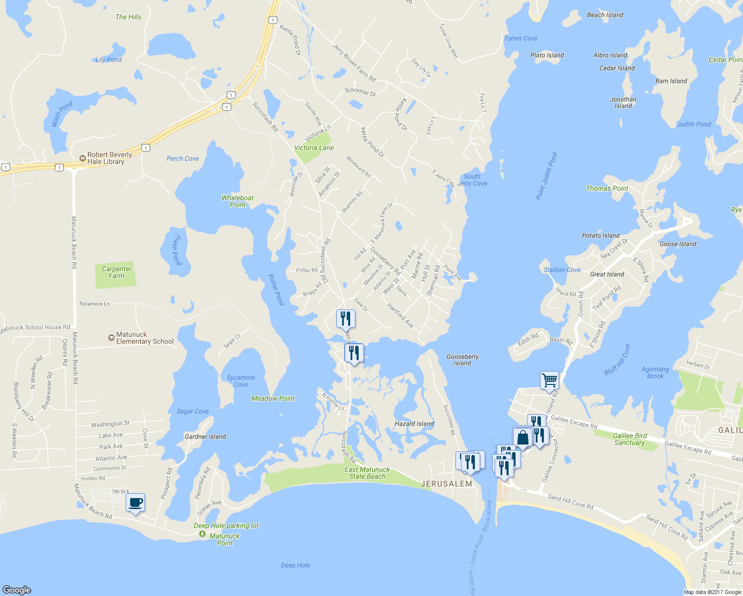 map of restaurants, bars, coffee shops, grocery stores, and more near 86 Atlantic Street in South Kingstown